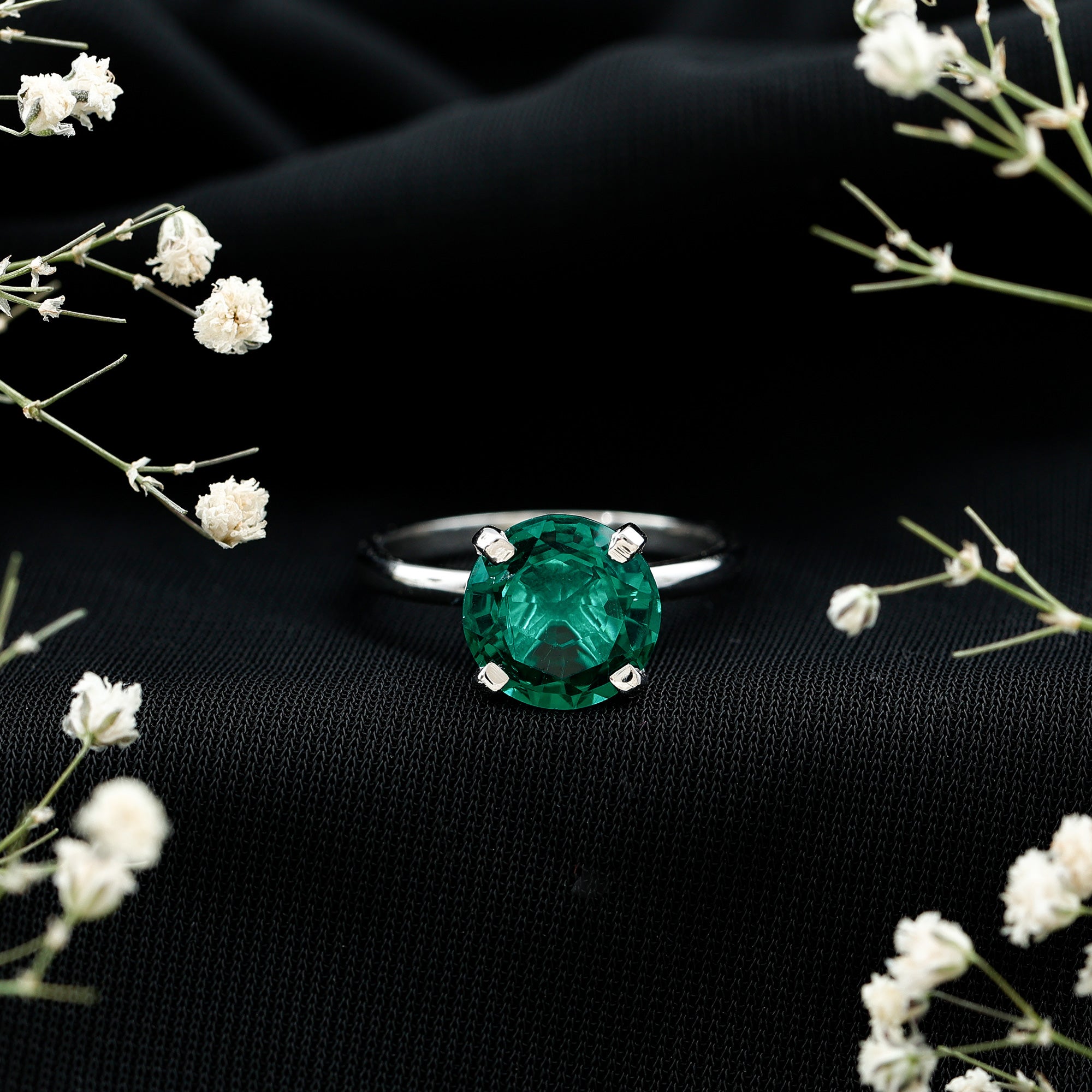 10mm Round Lab Created Emerald Solitaire Ring AAAA - Rosec Jewels