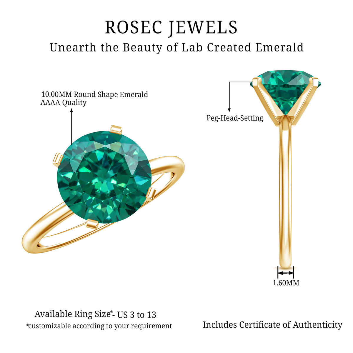 3.5 Carat Round Lab Created Emerald Solitaire Engagement Ring AAAA - Rosec Jewels