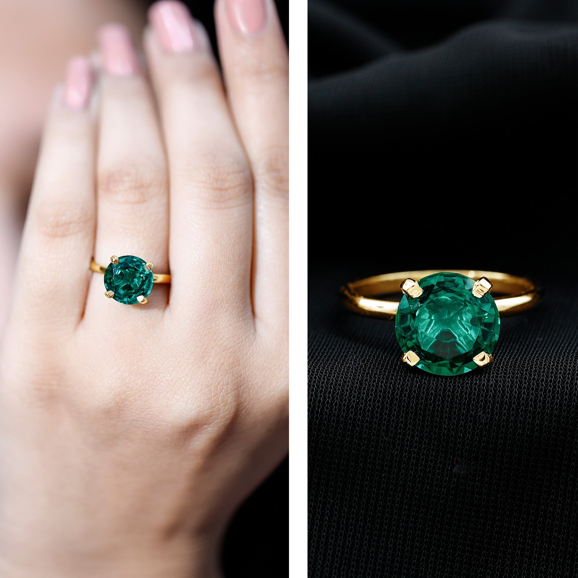 10mm Round Lab Created Emerald Solitaire Ring AAAA - Rosec Jewels