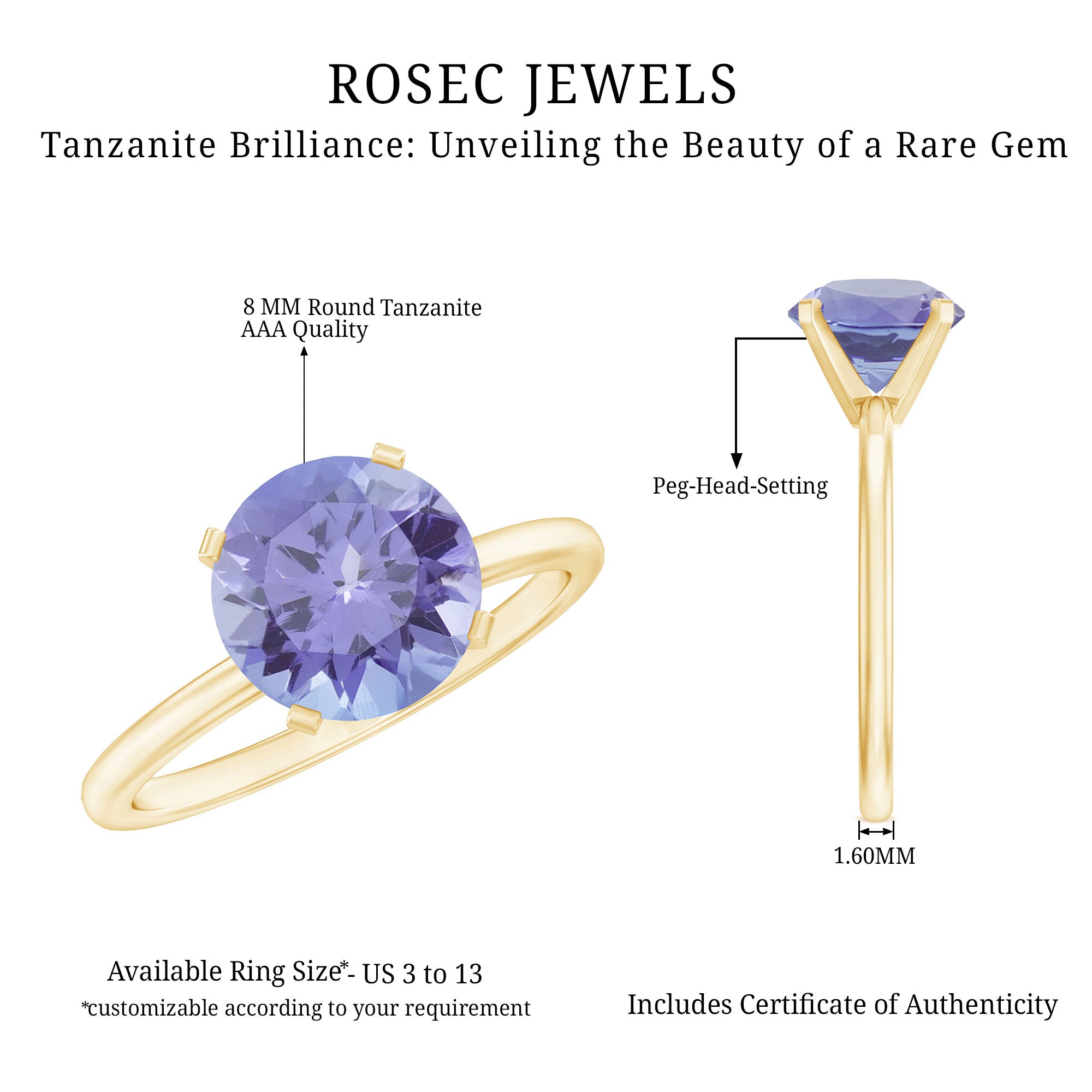 3 Carat Lab Grown Tanzanite Solitaire Engagement Ring AAAA - Rosec Jewels