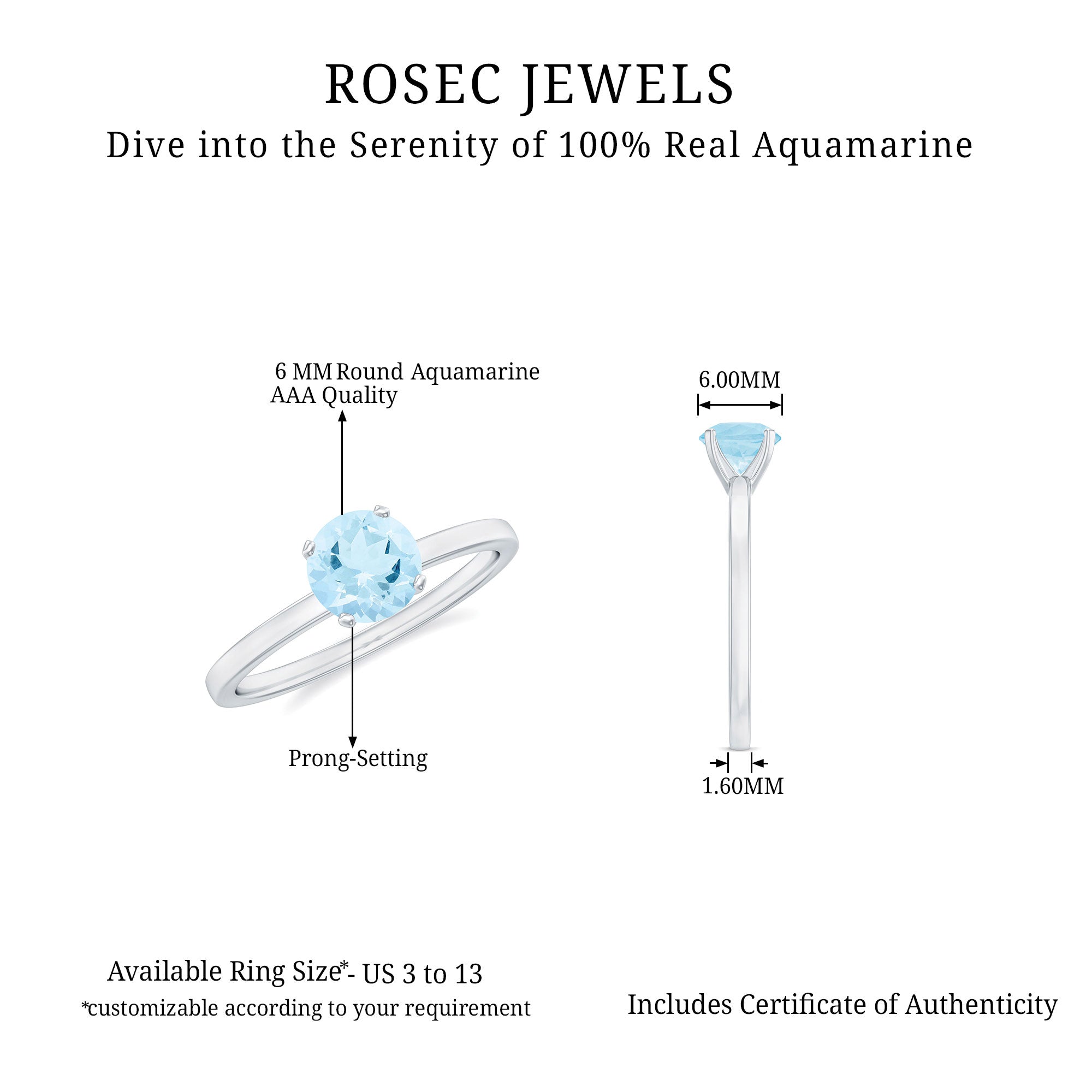 Round Shape Aquamarine Solitaire Ring in Peg Head Setting AAA - Rosec Jewels