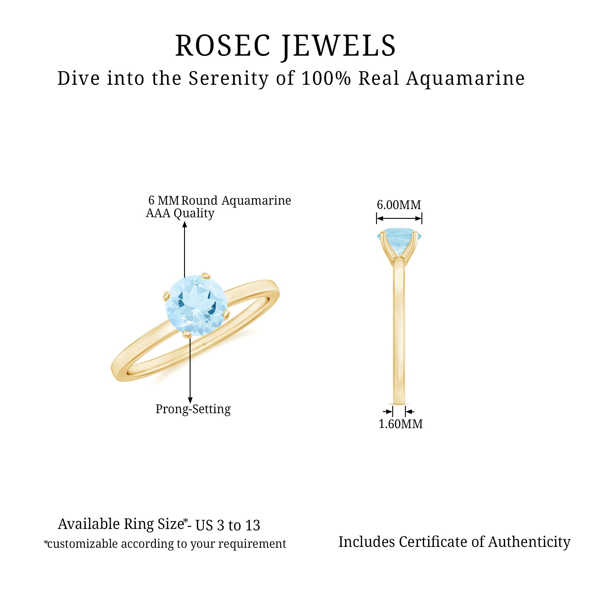Round Shape Aquamarine Solitaire Ring in Peg Head Setting AAA - Rosec Jewels