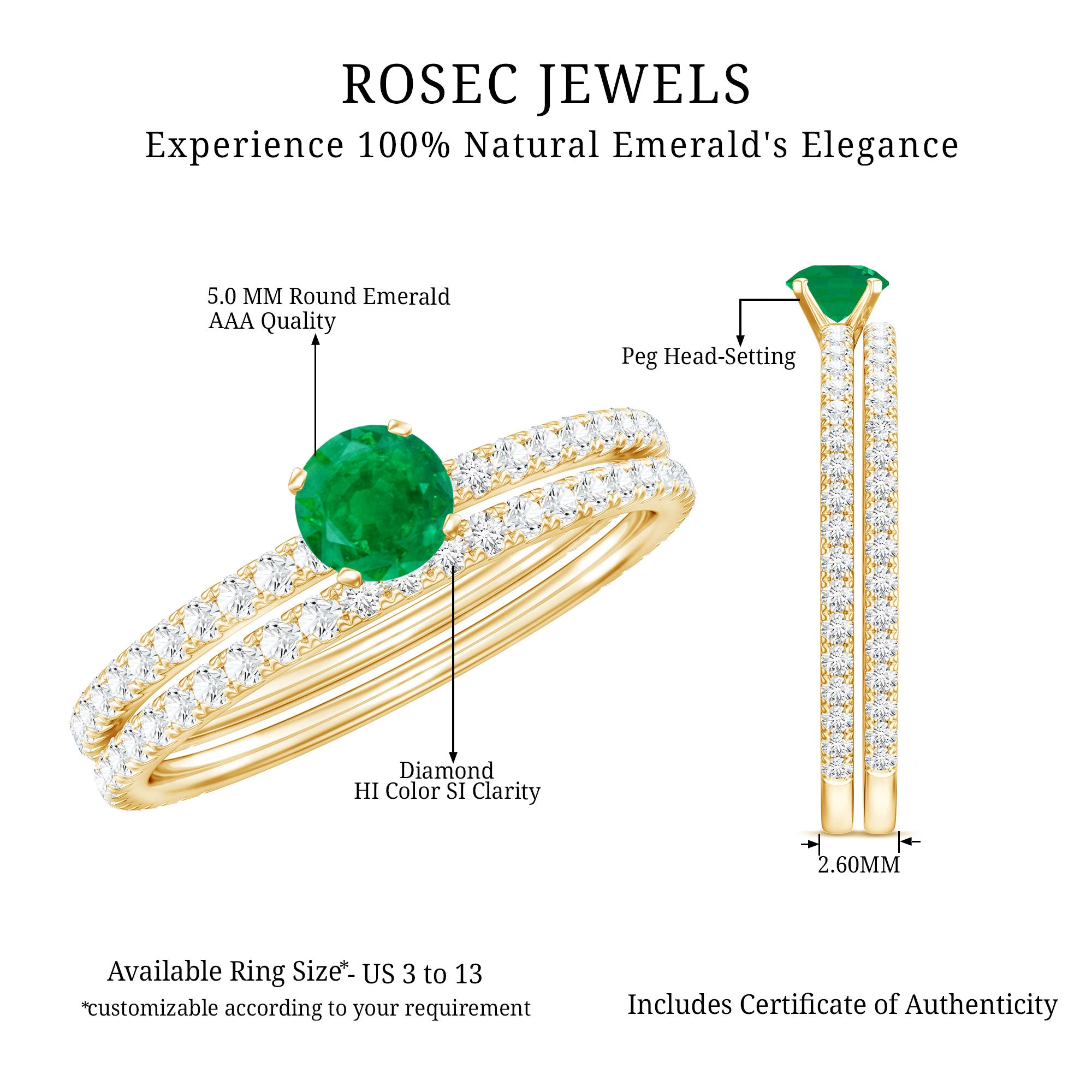 0.4 Carat Minimal Emerald Diamond Wedding Engagement Ring Set of 2 AAA - Rosec Jewels