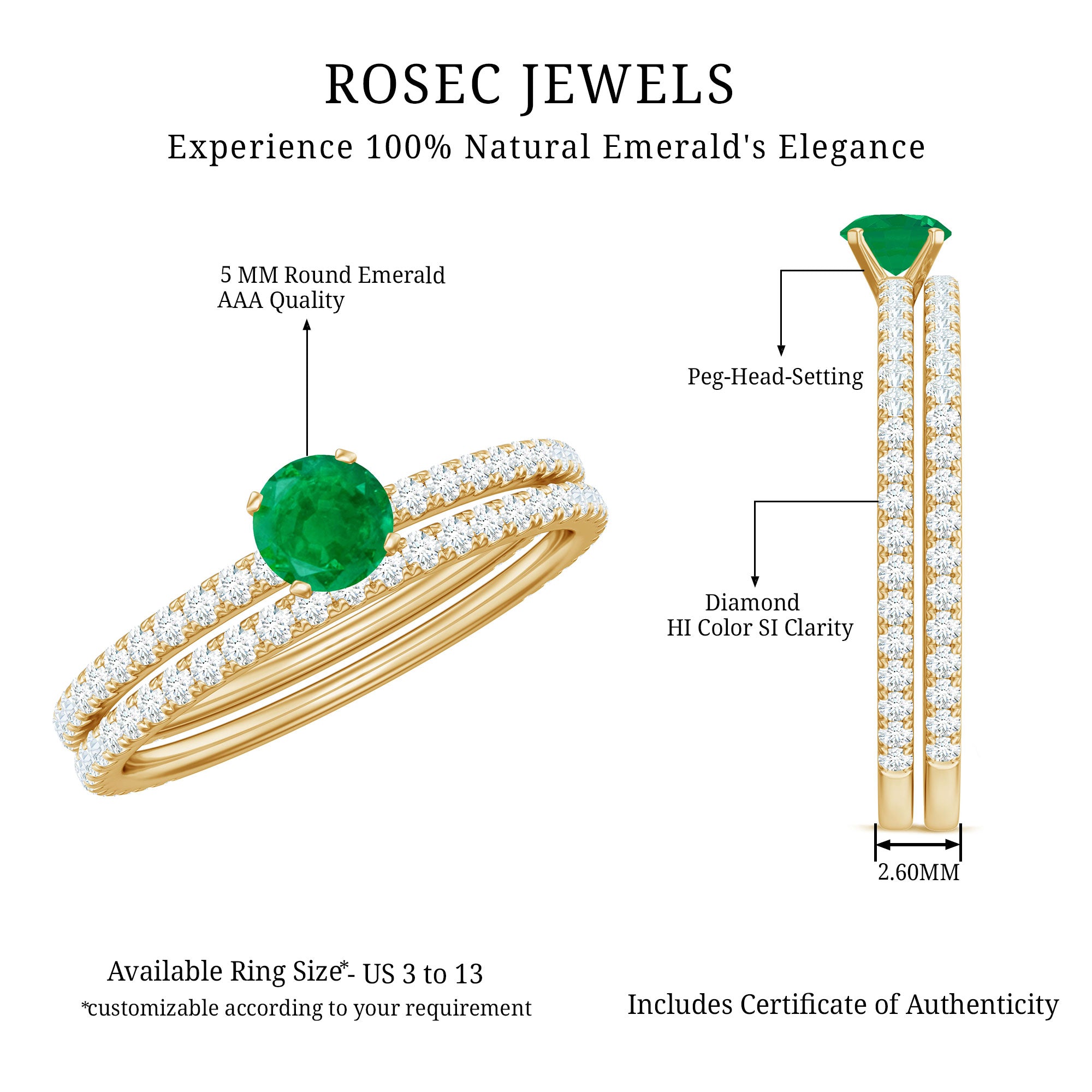 Minimal Emerald Diamond Wedding Engagement Ring Set of 2 AAA - Rosec Jewels