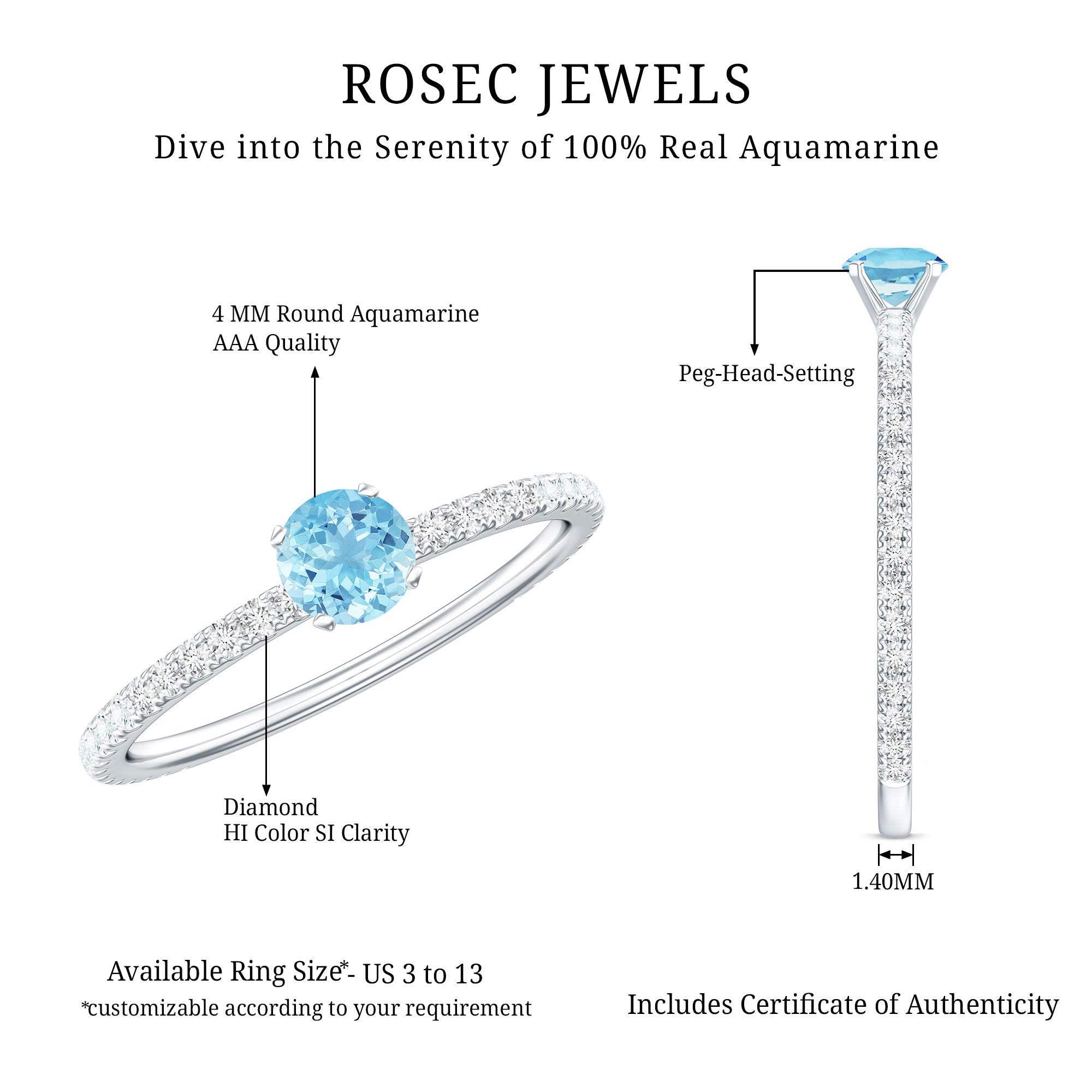Real Aquamarine Solitaire Ring with Diamond Side Stones AAA - Rosec Jewels