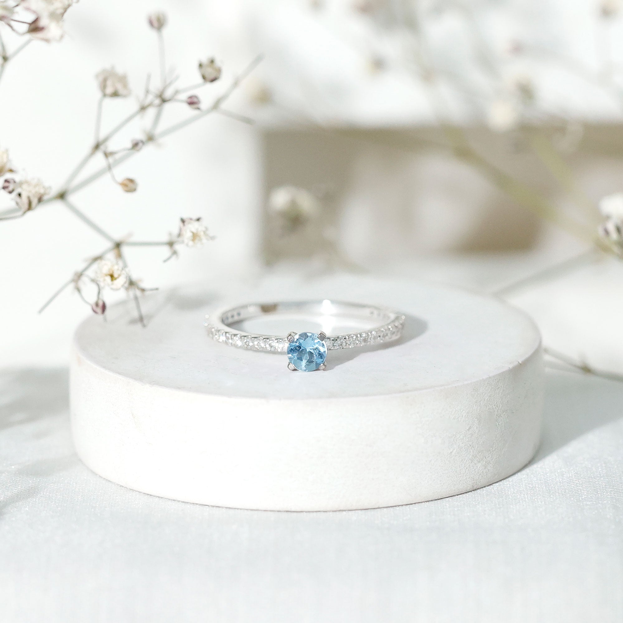Real Aquamarine Solitaire Ring with Diamond Side Stones AAA - Rosec Jewels