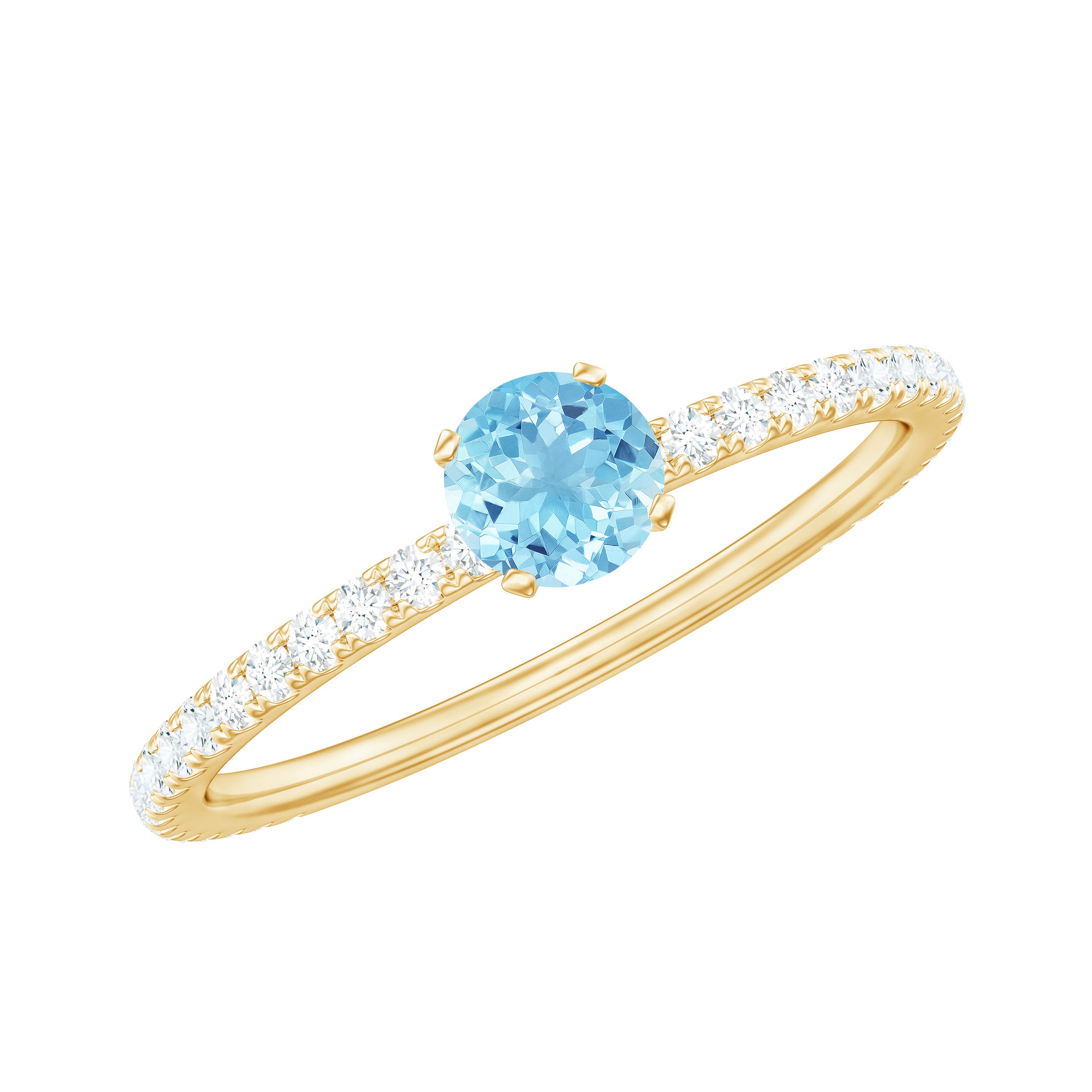 Real Aquamarine Solitaire Ring with Diamond Side Stones AAA - Rosec Jewels