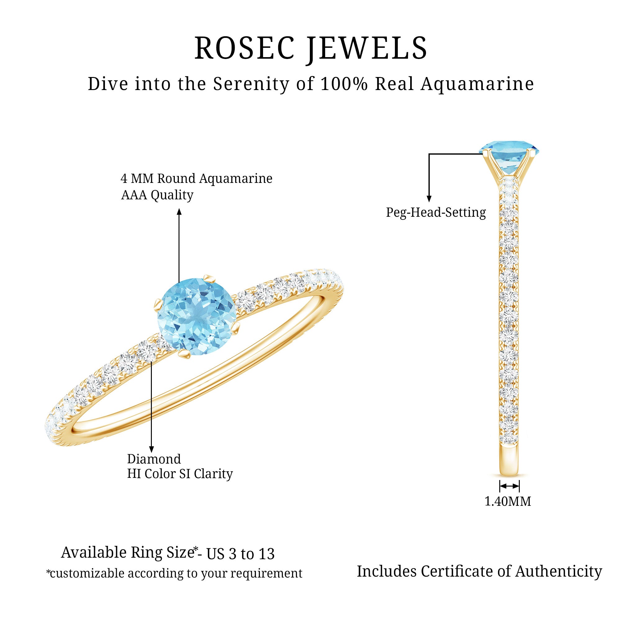 Real Aquamarine Solitaire Ring with Diamond Side Stones AAA - Rosec Jewels