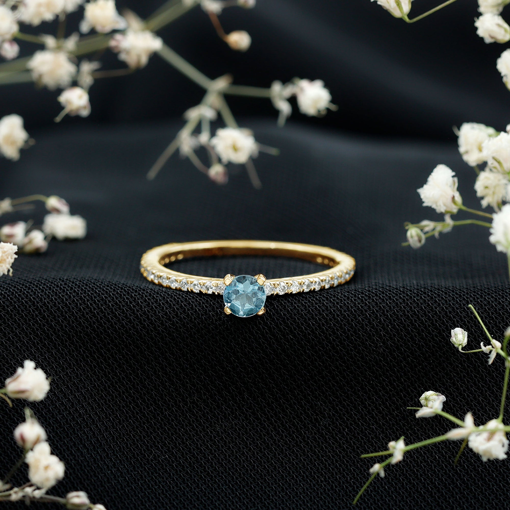 Real Aquamarine Solitaire Ring with Diamond Side Stones AAA - Rosec Jewels