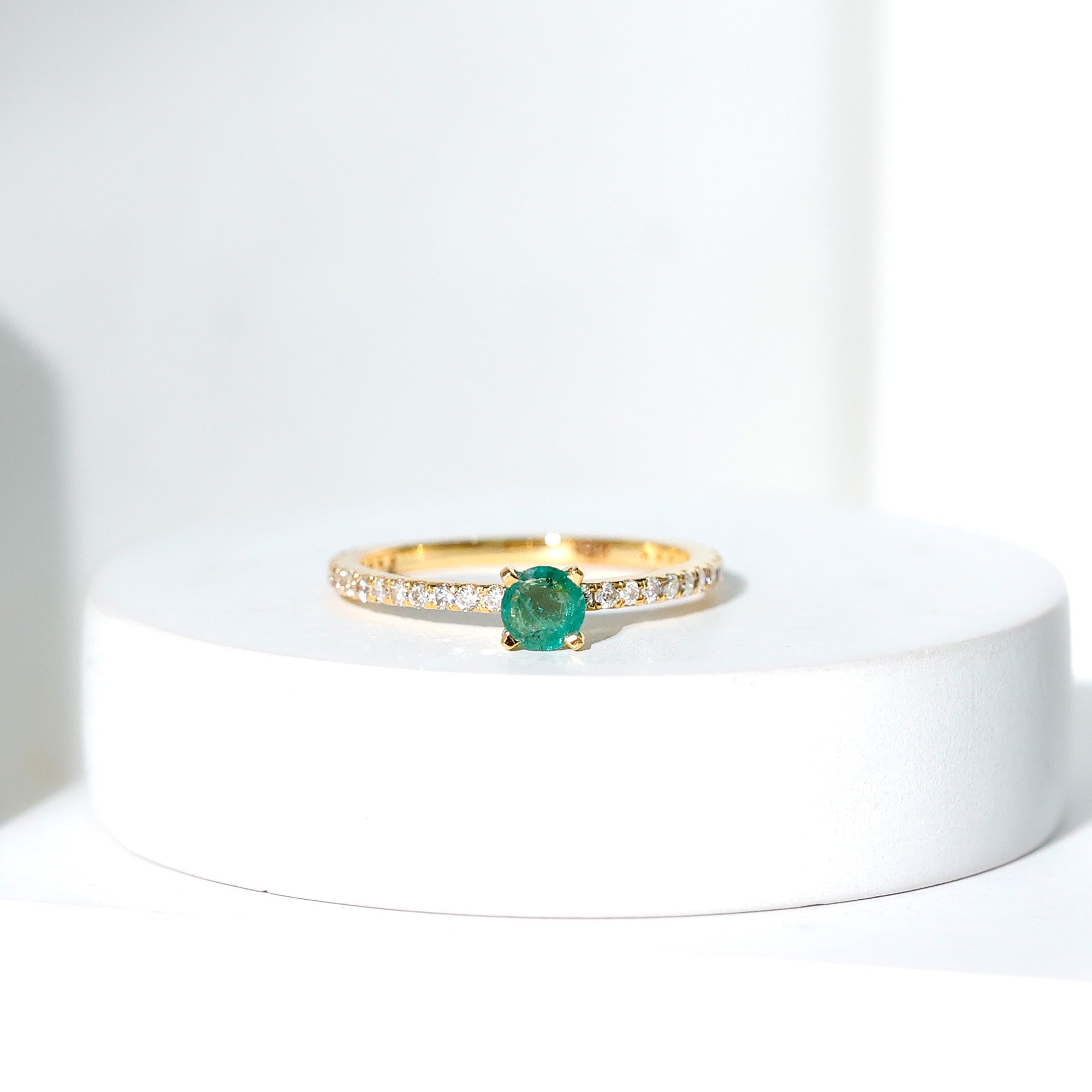 Rosec Jewels-4 MM Emerald Dainty Solitaire Ring with French Pave Set Diamond