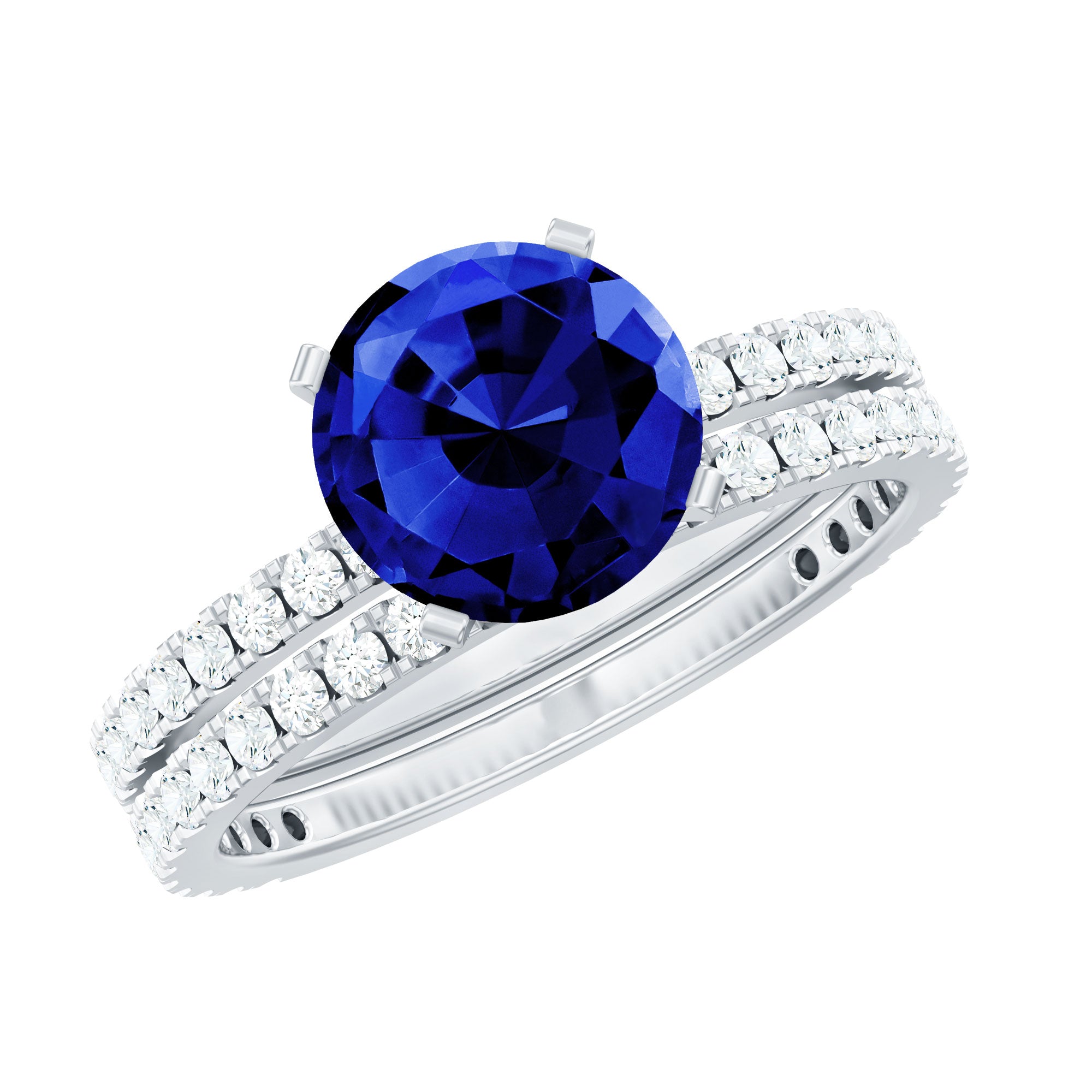 Round Lab Grown Blue Sapphire Solitaire Ring Set with Diamond