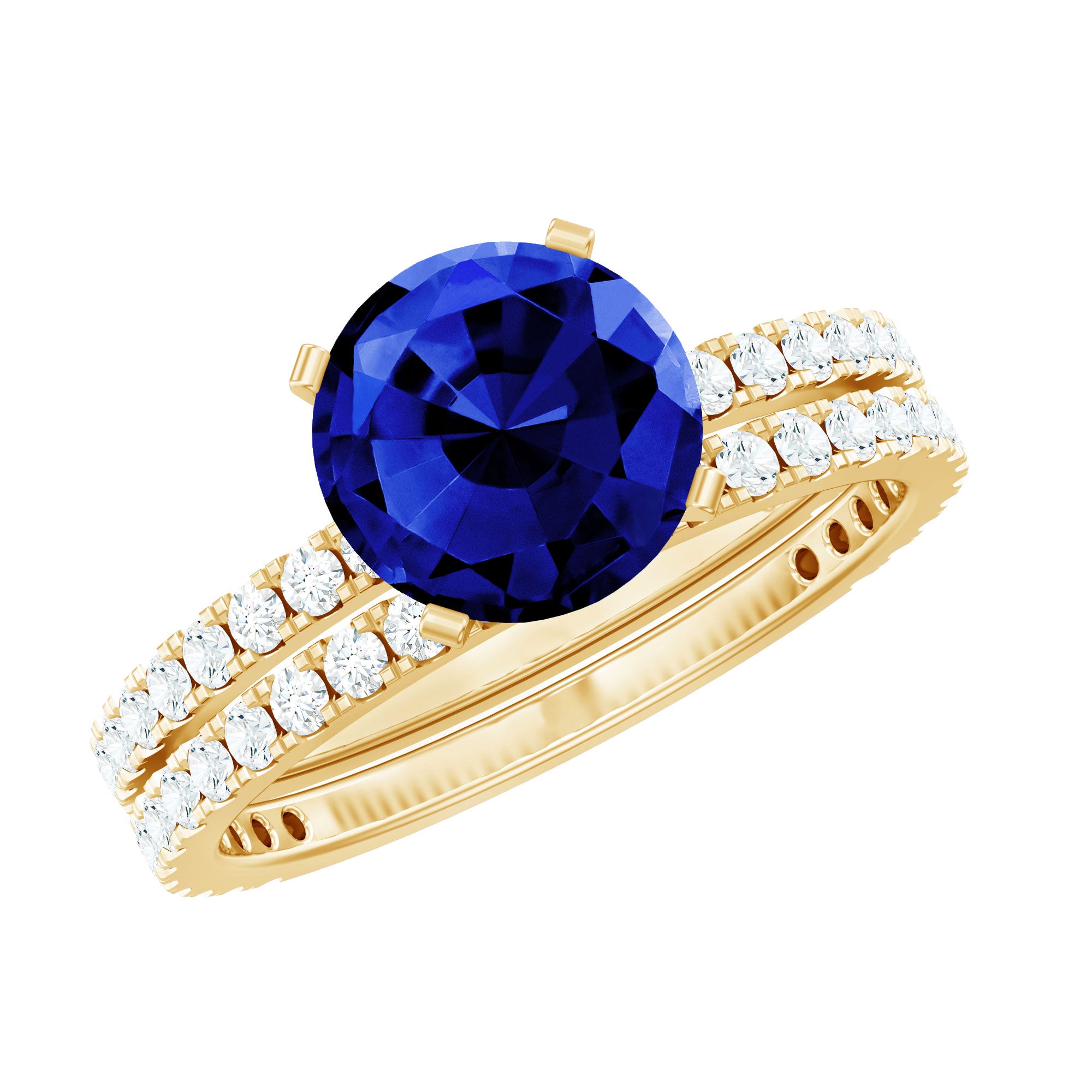 Round Lab Grown Blue Sapphire Solitaire Ring Set with Diamond AAAA - Rosec Jewels