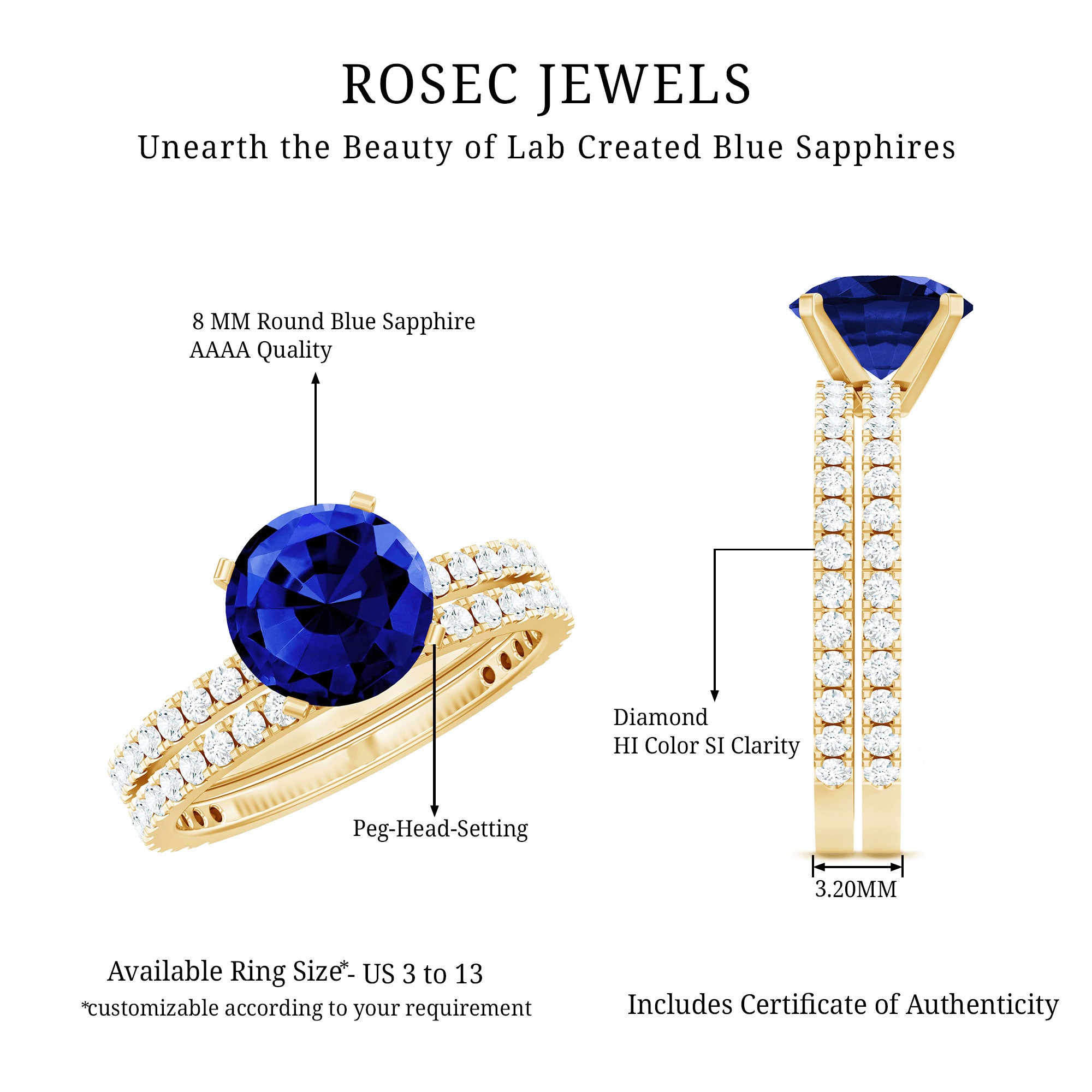 Round Lab Grown Blue Sapphire Solitaire Ring Set with Diamond AAAA - Rosec Jewels