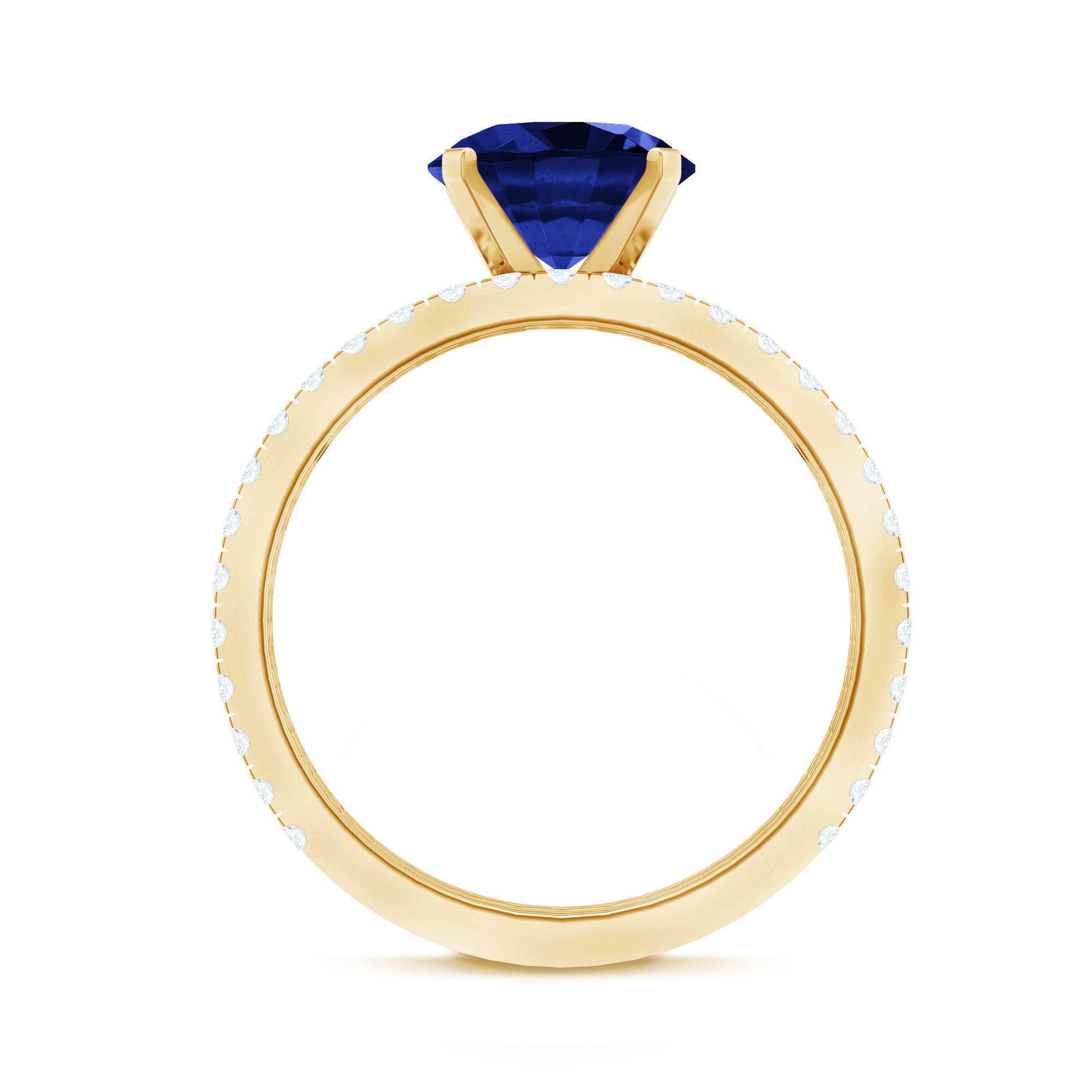 Round Lab Grown Blue Sapphire Solitaire Ring Set with Diamond AAAA - Rosec Jewels