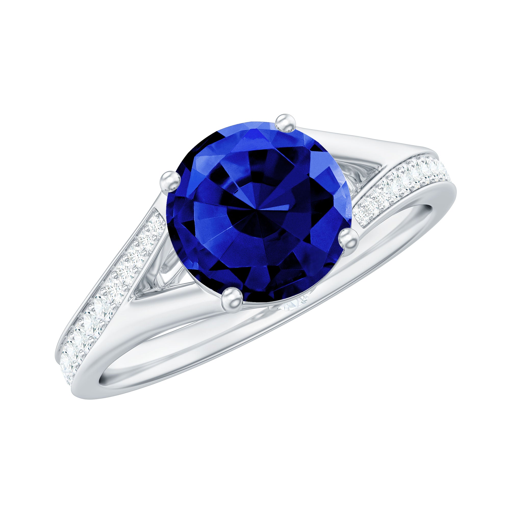 8mm Round Lab Grown Blue Sapphire Engagement Ring with Diamond Split Shank AAAA - Rosec Jewels