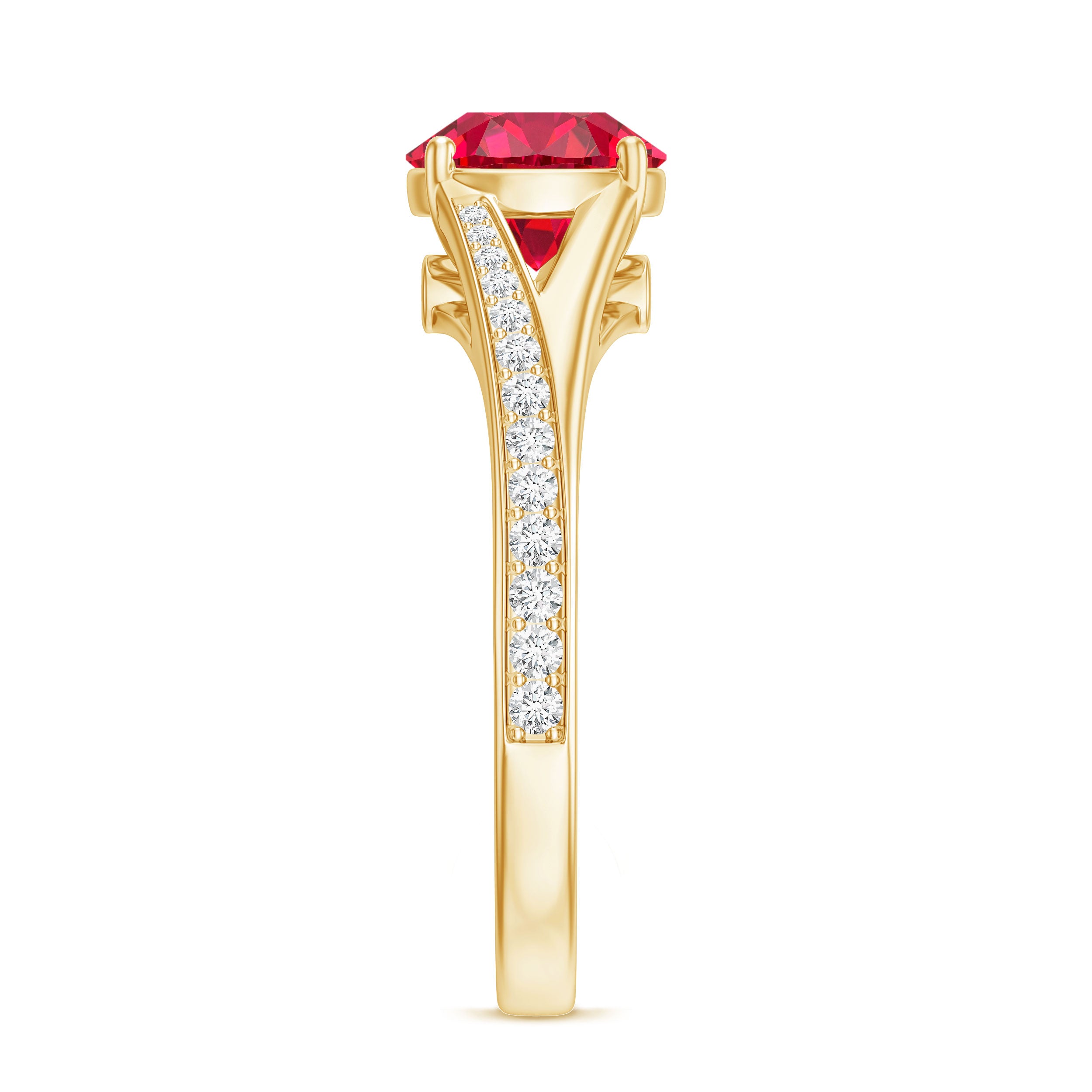Lab Created Ruby and Diamond Engagement Ring in Split Shank AAAA - Rosec Jewels