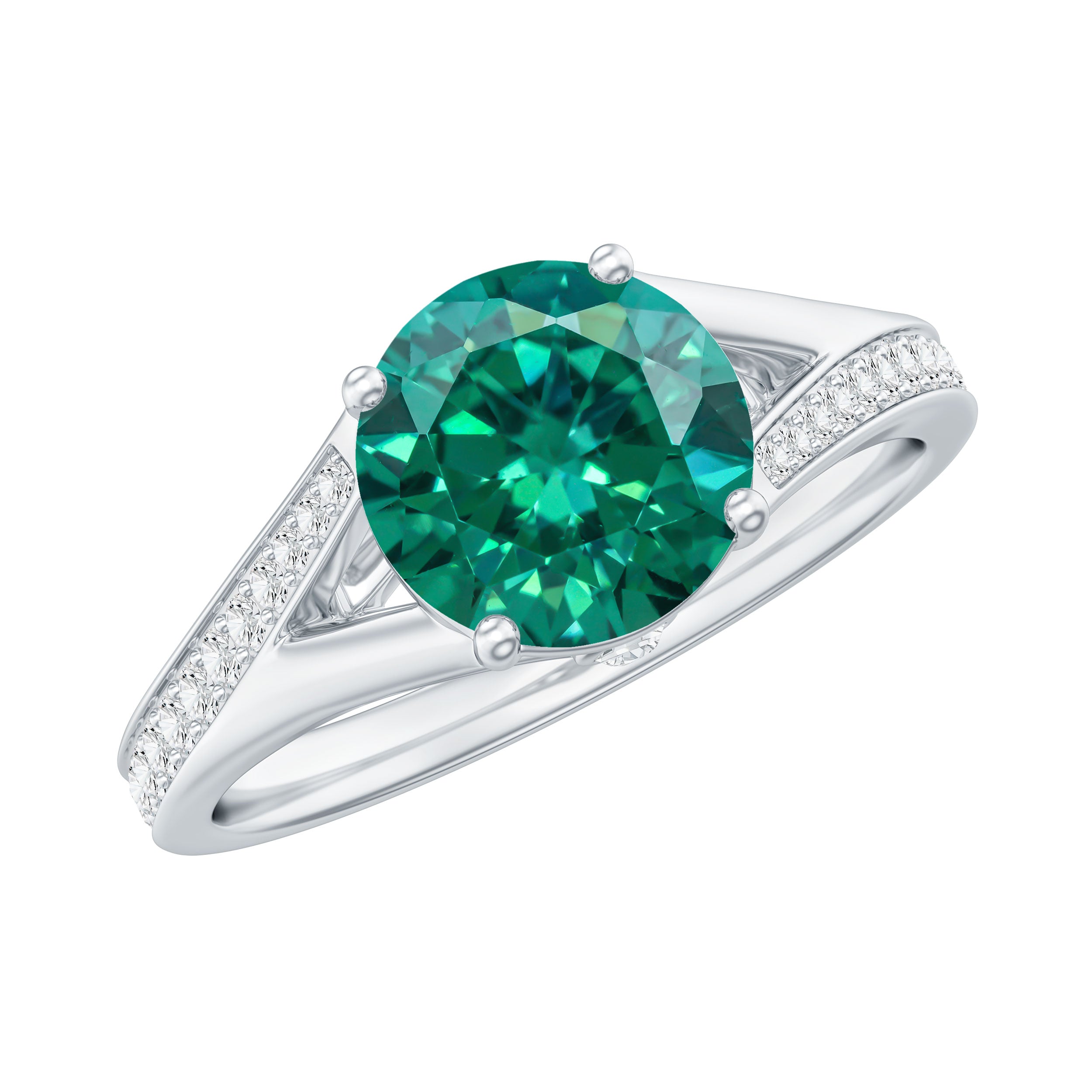 Certified 2 Carat Lab Grown Emerald Split Shank Engagement Ring with Diamond AAAA - Rosec Jewels