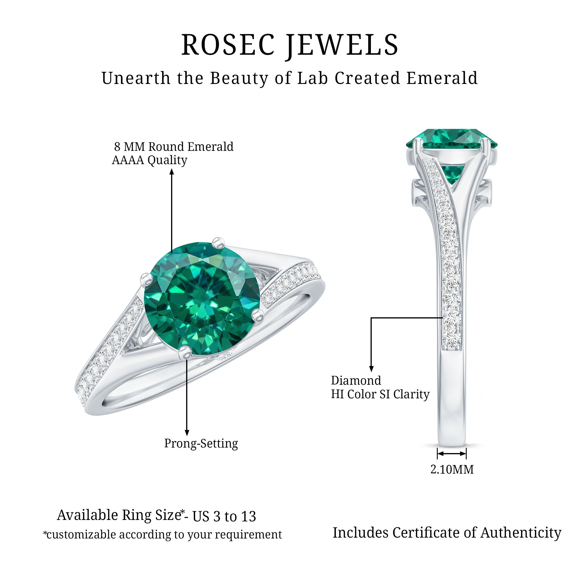 Certified 2 Carat Lab Grown Emerald Split Shank Engagement Ring with Diamond AAAA - Rosec Jewels