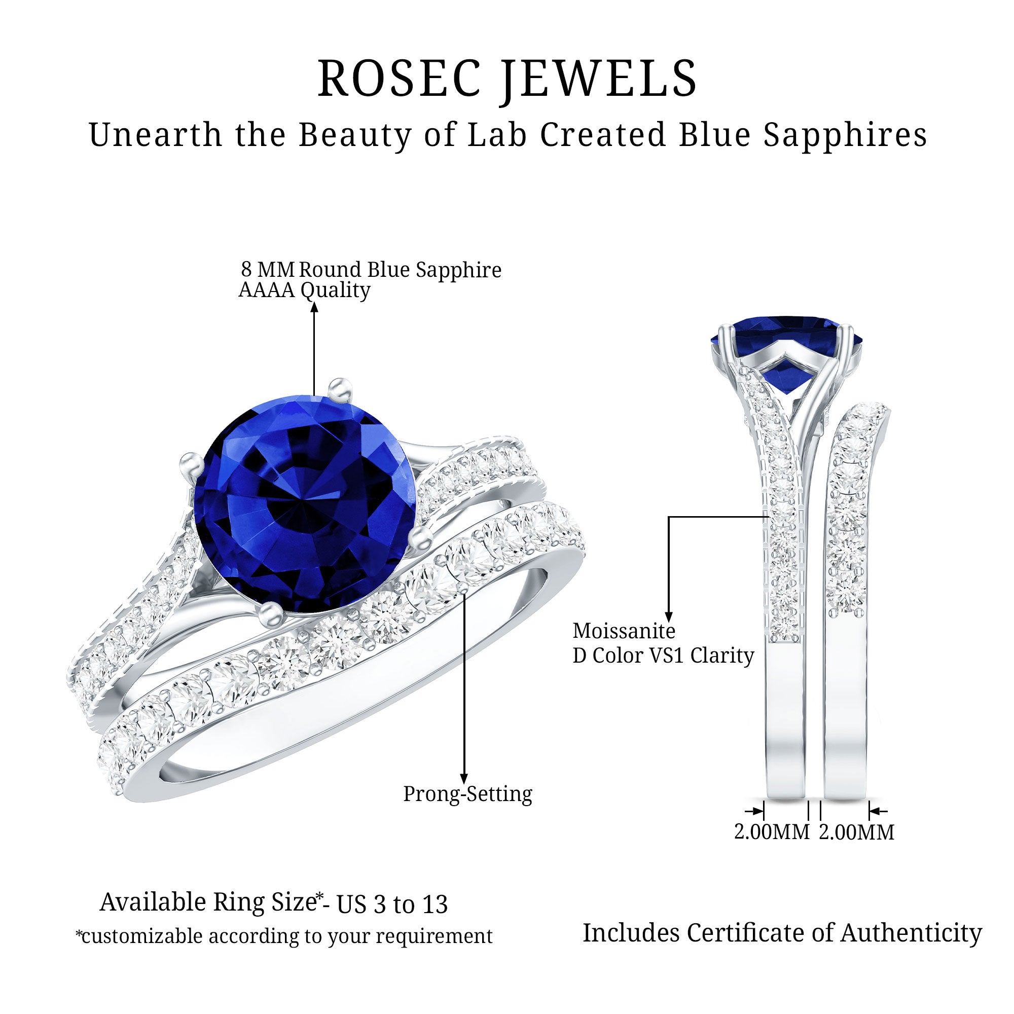 Certified 2.7 Carat Lab Grown Blue Sapphire Engagement Wedding Ring Set with Moissanite AAAA - Rosec Jewels
