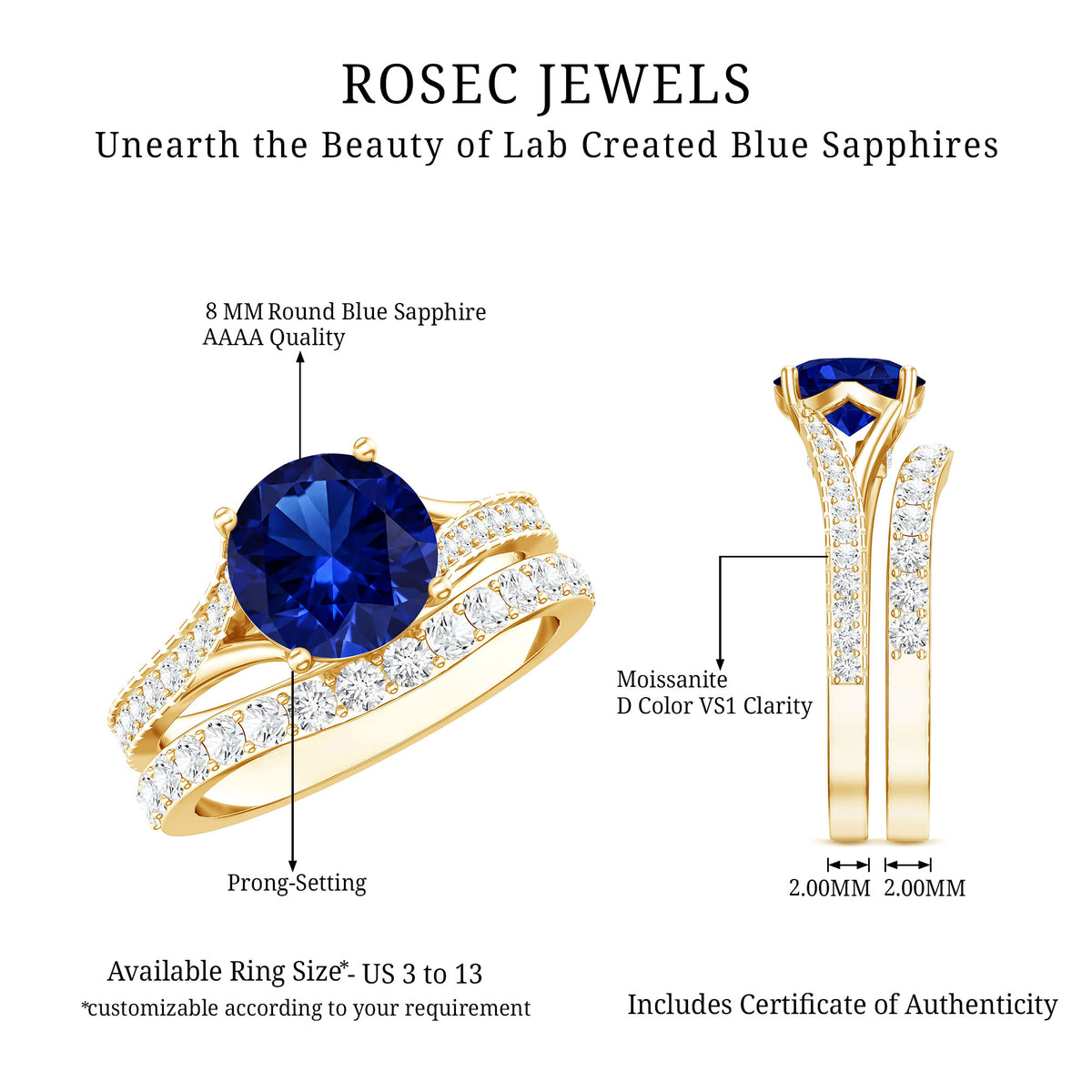 Certified 2.7 Carat Lab Grown Blue Sapphire Engagement Wedding Ring Set with Moissanite AAAA - Rosec Jewels