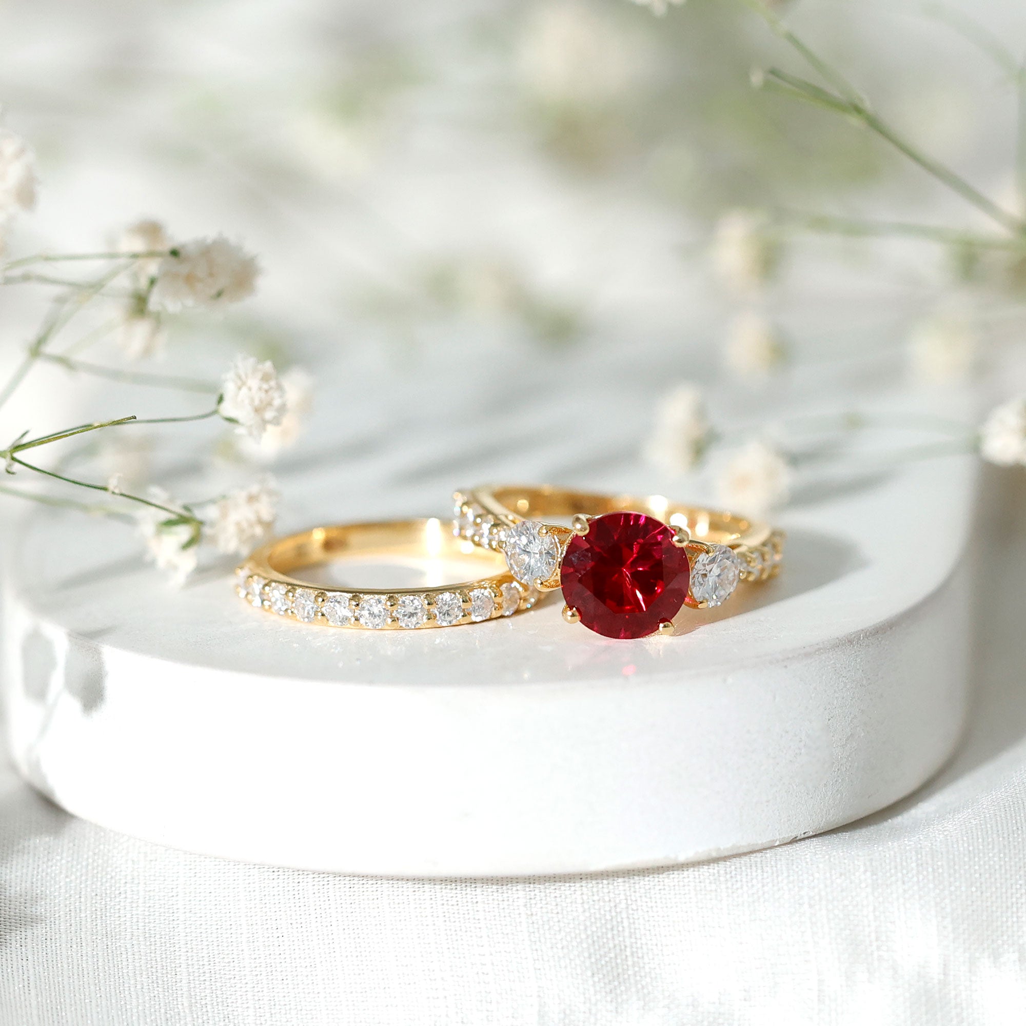 2.3 Carat Lab Created Ruby Bridal Ring Set with Moissanite AAAA - Rosec Jewels
