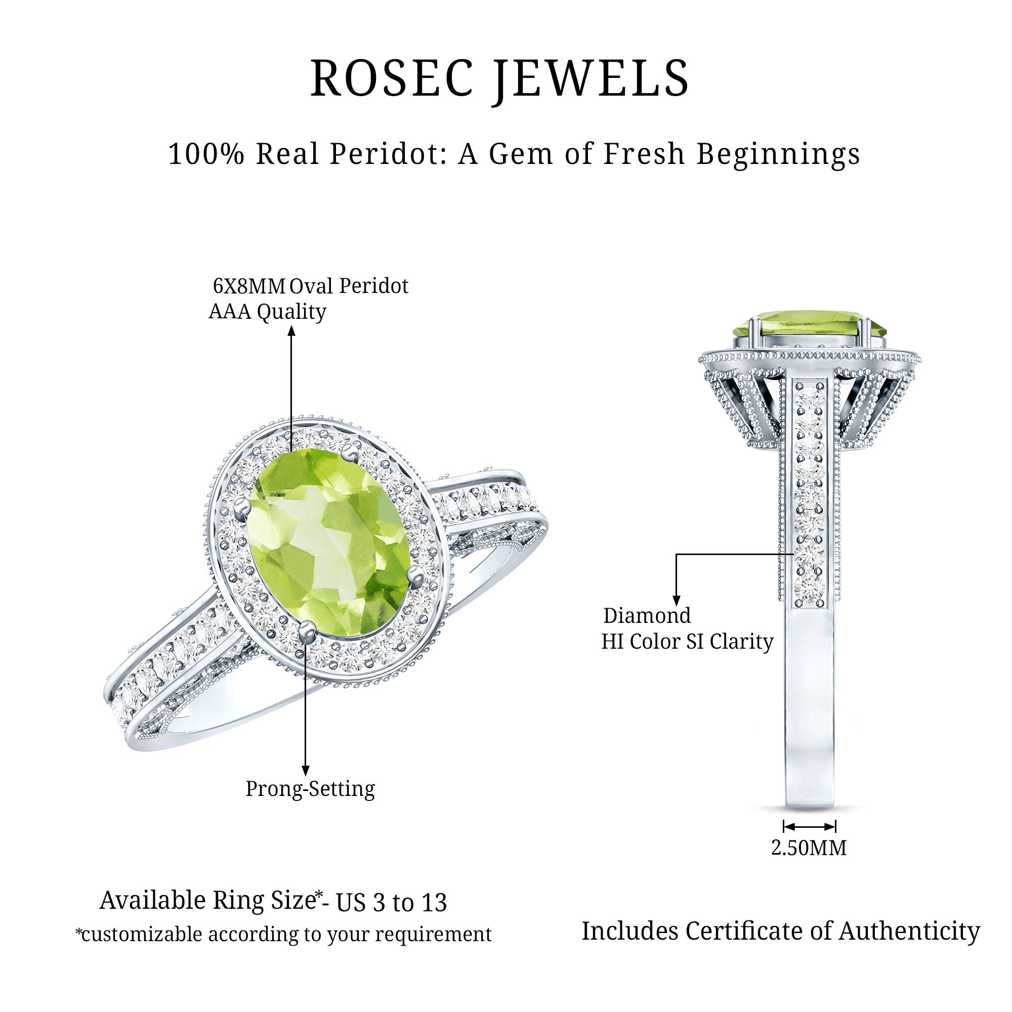 Natural Peridot and Diamond Engagement Ring with Milgrain Details AAA - Rosec Jewels