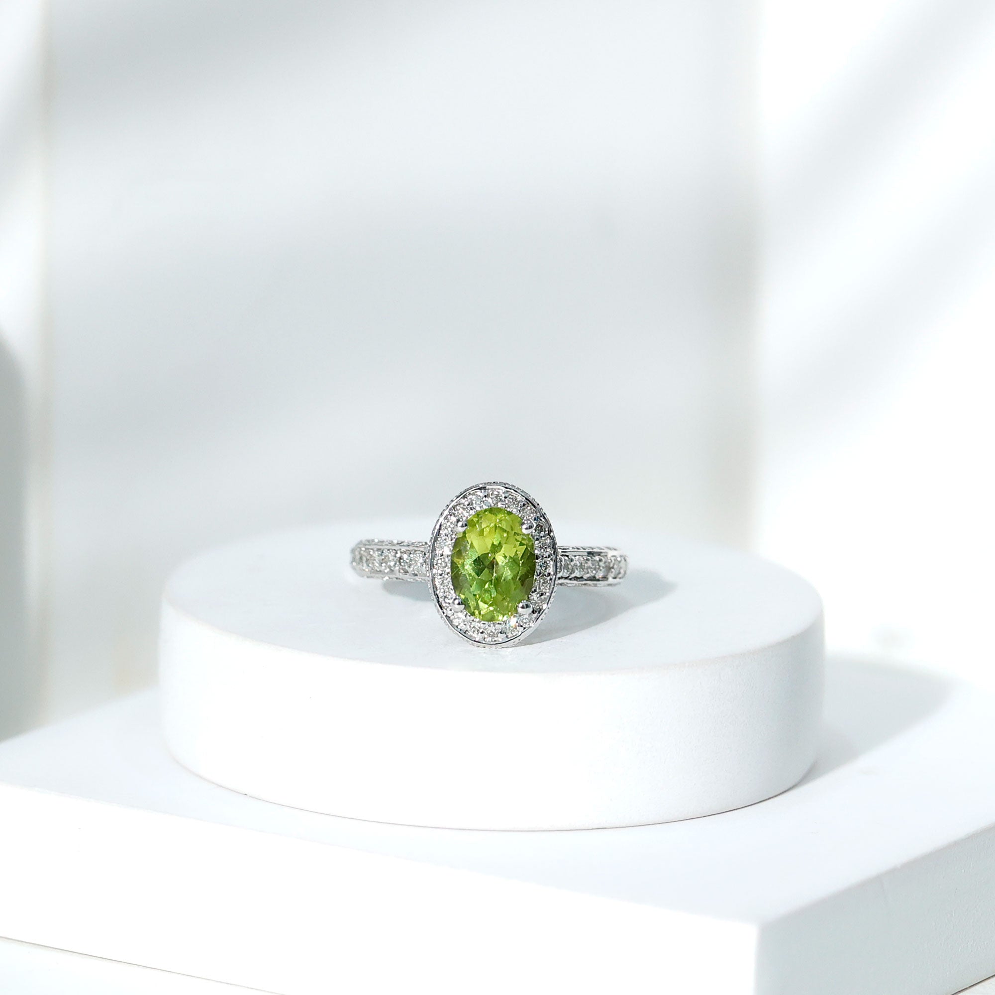 Natural Peridot and Diamond Engagement Ring with Milgrain Details AAA - Rosec Jewels