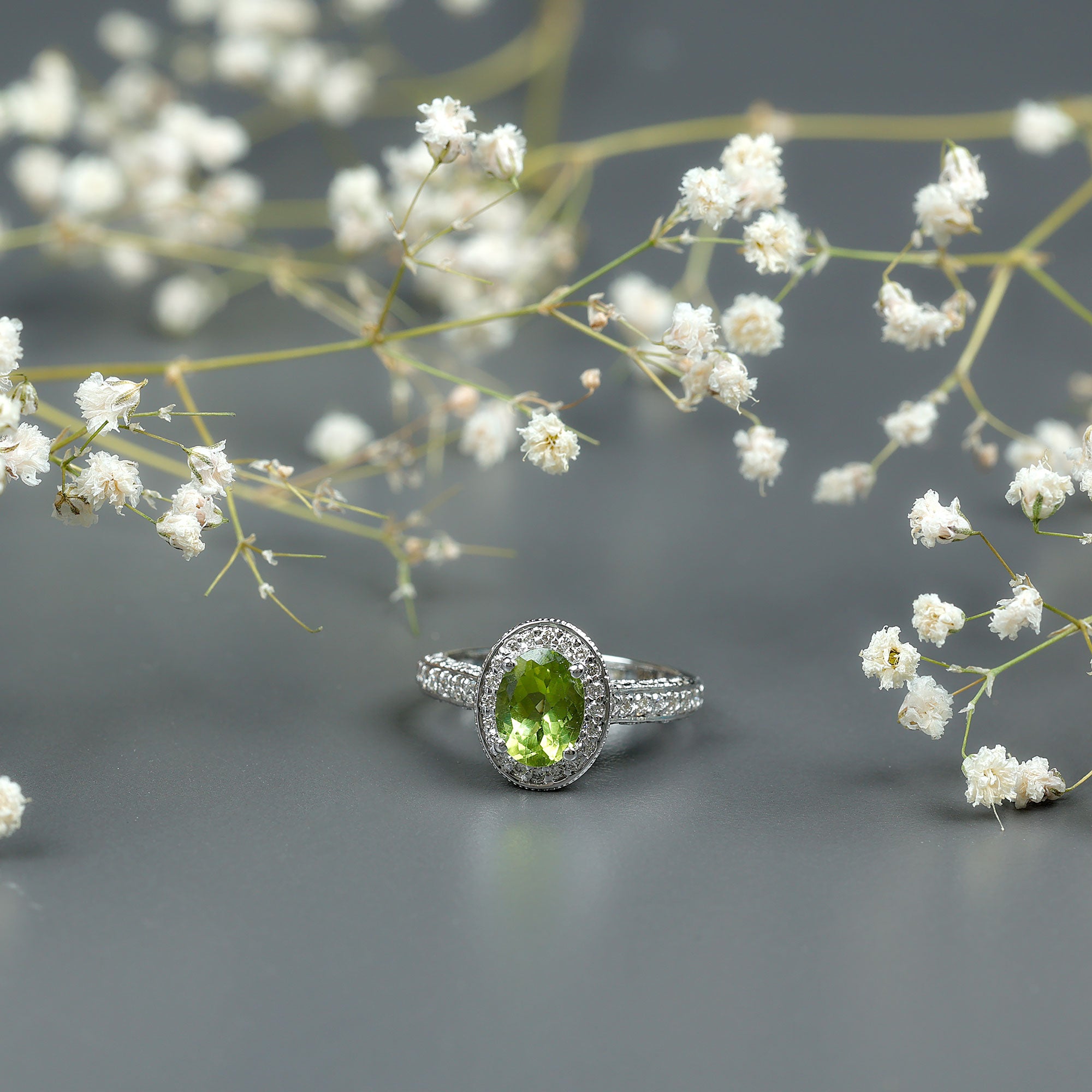 Natural Peridot and Diamond Engagement Ring with Milgrain Details AAA - Rosec Jewels