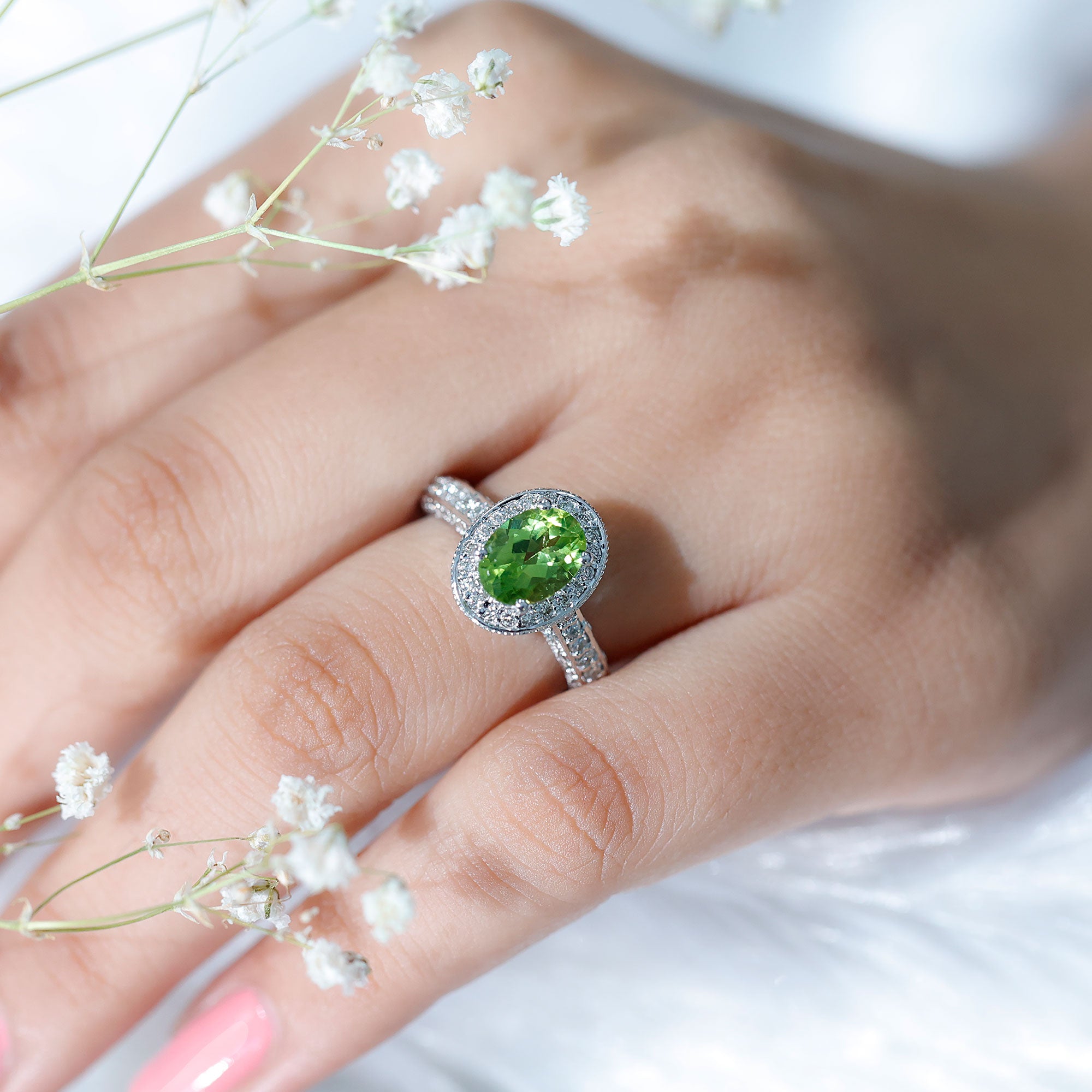 Natural Peridot and Diamond Engagement Ring with Milgrain Details AAA - Rosec Jewels