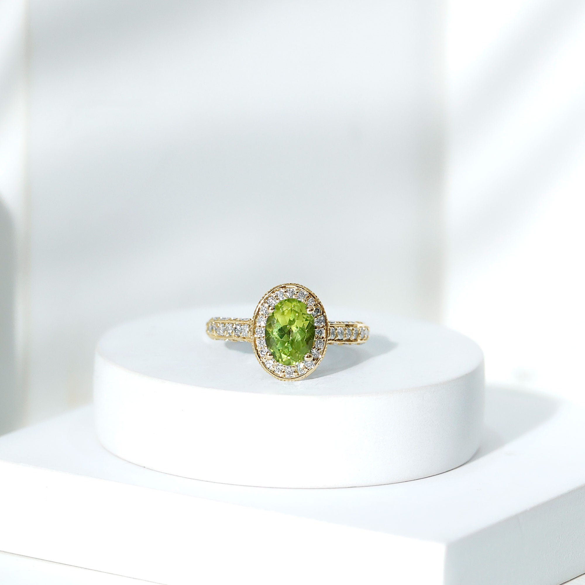 Natural Peridot and Diamond Engagement Ring with Milgrain Details AAA - Rosec Jewels