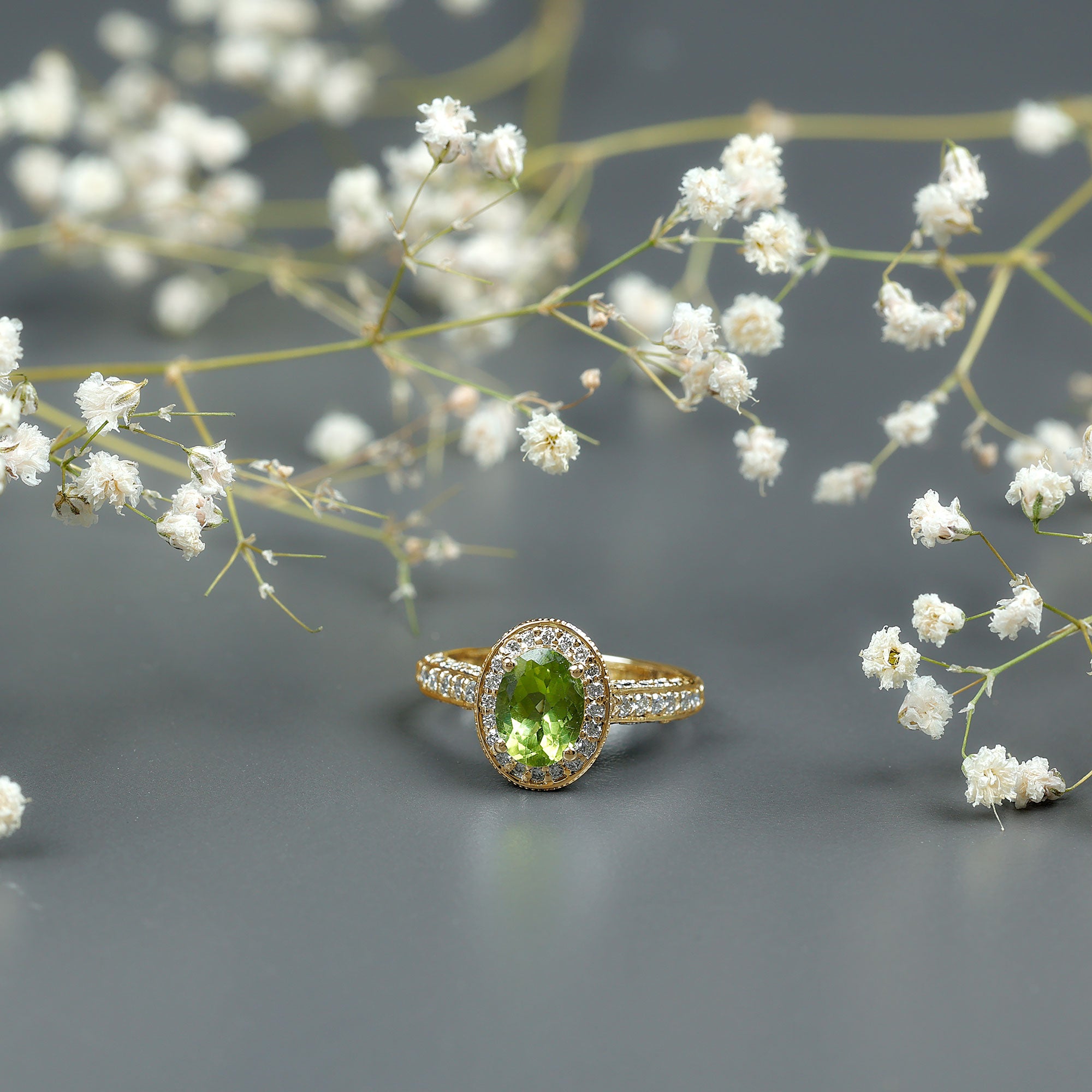 Natural Peridot and Diamond Engagement Ring with Milgrain Details AAA - Rosec Jewels