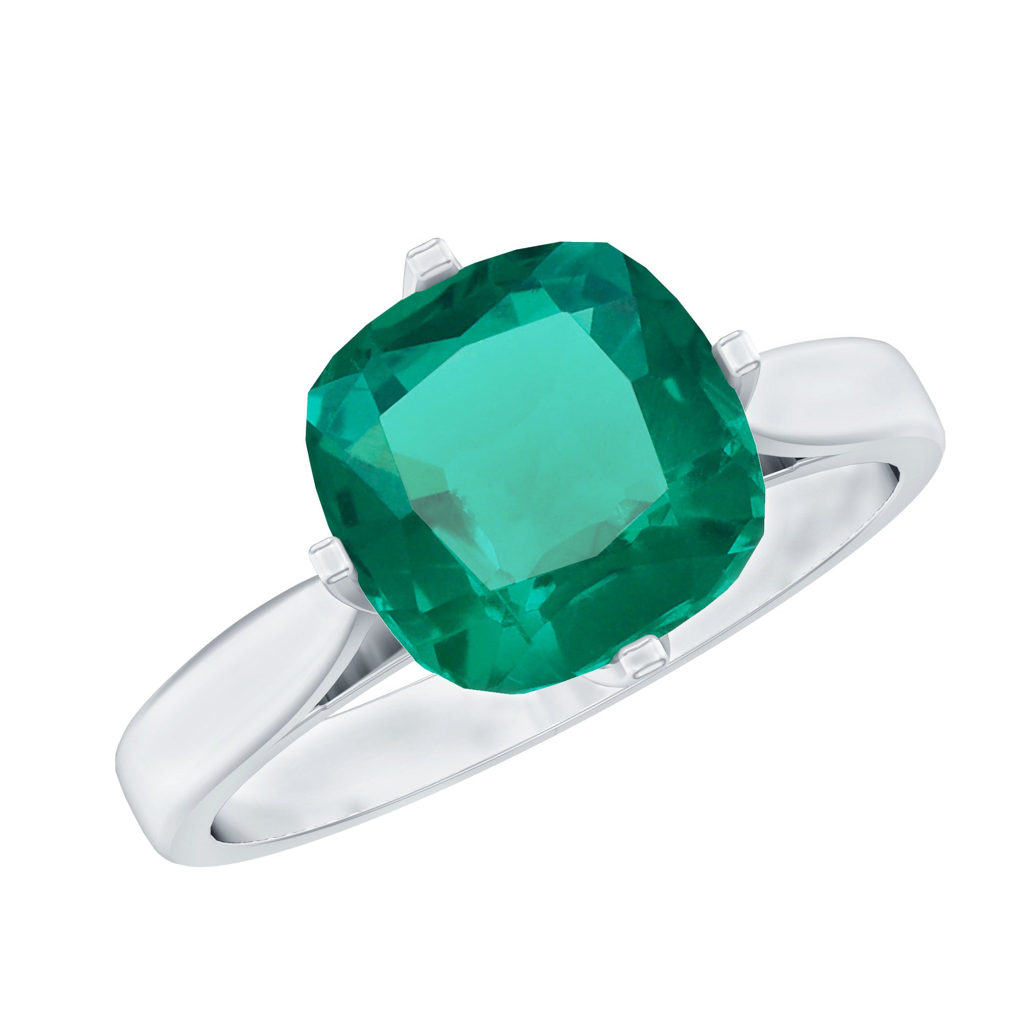 Cushion Cut Lab Grown Emerald Solitaire Engagement Ring
