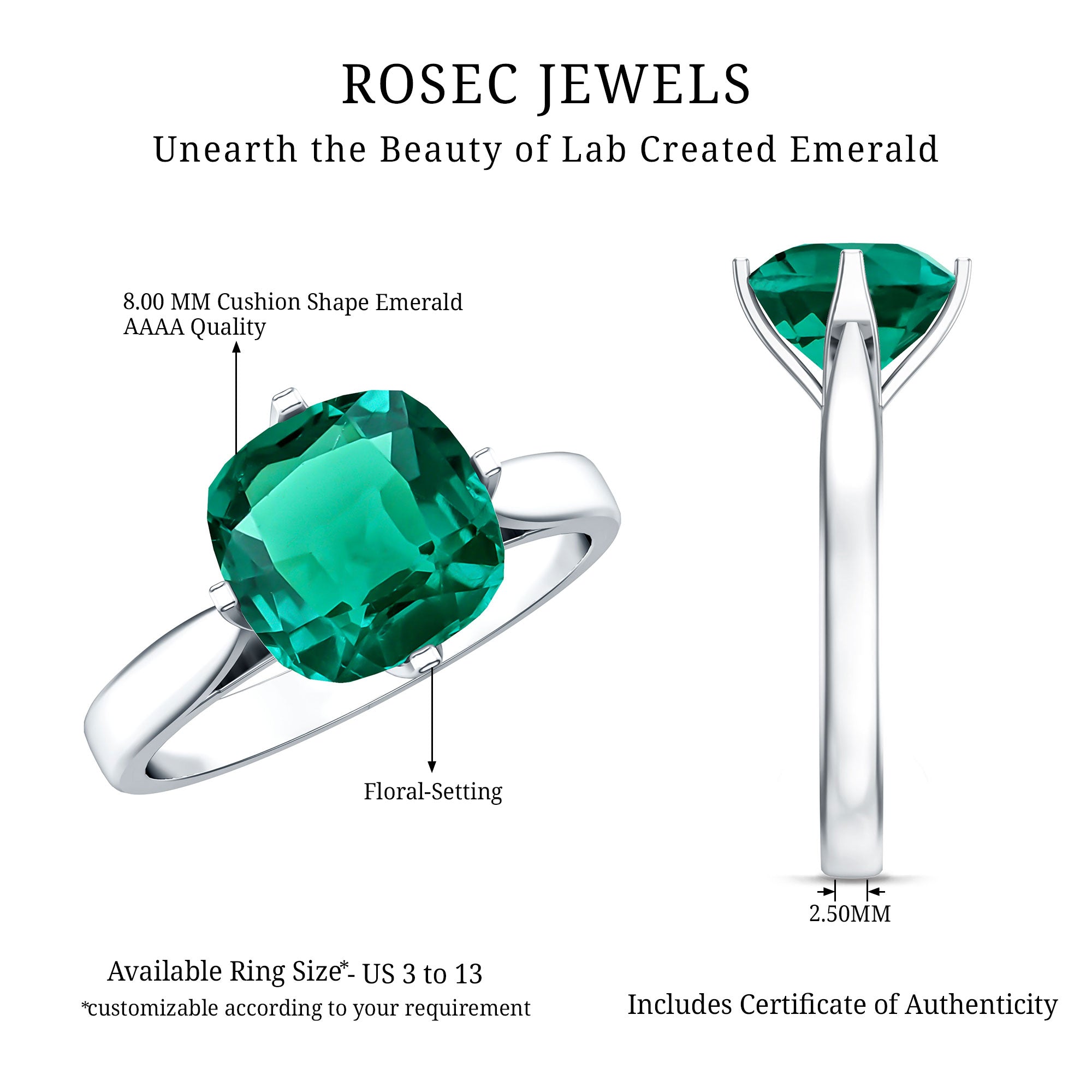 Cushion Cut Lab Grown Emerald Solitaire Engagement Ring AAAA - Rosec Jewels