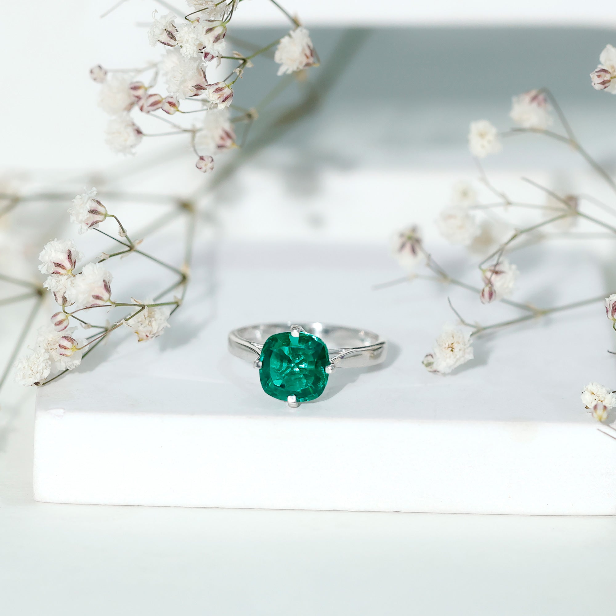 Cushion Cut Lab Grown Emerald Solitaire Engagement Ring AAAA - Rosec Jewels