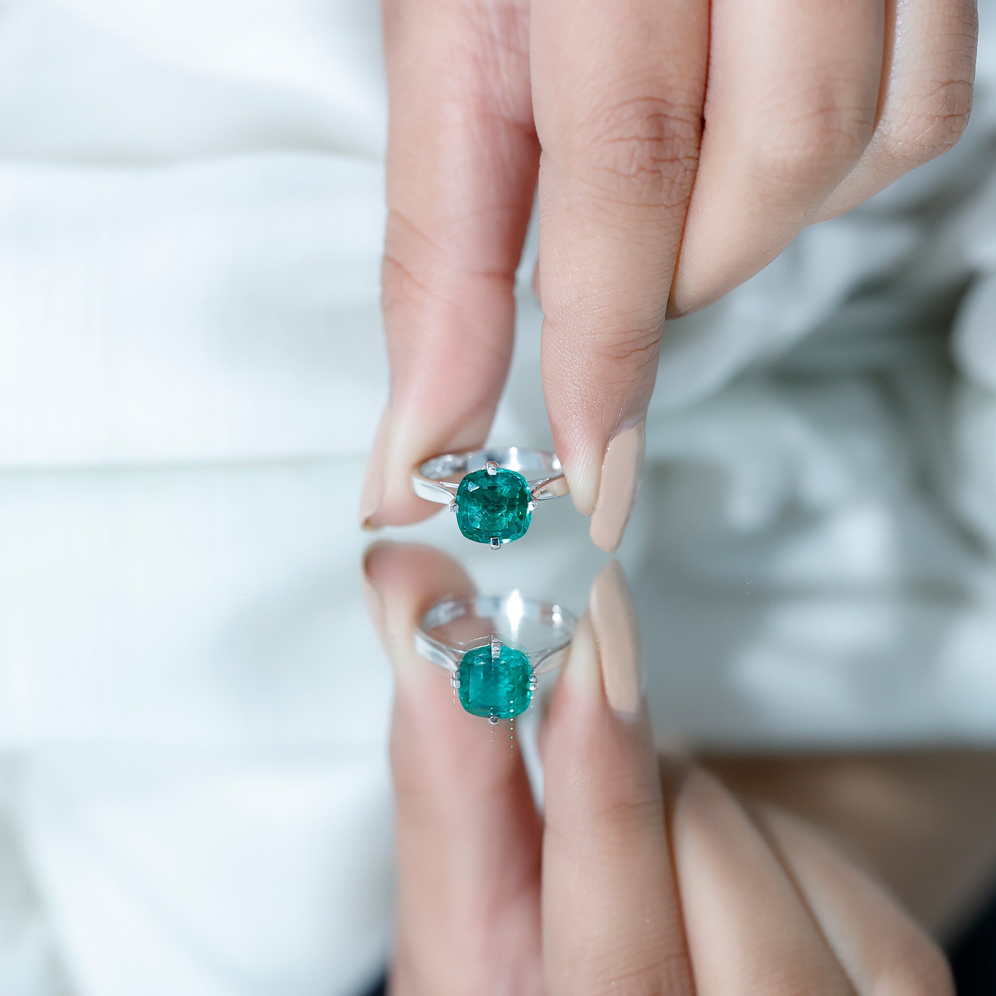 Cushion Cut Lab Grown Emerald Solitaire Engagement Ring AAAA - Rosec Jewels