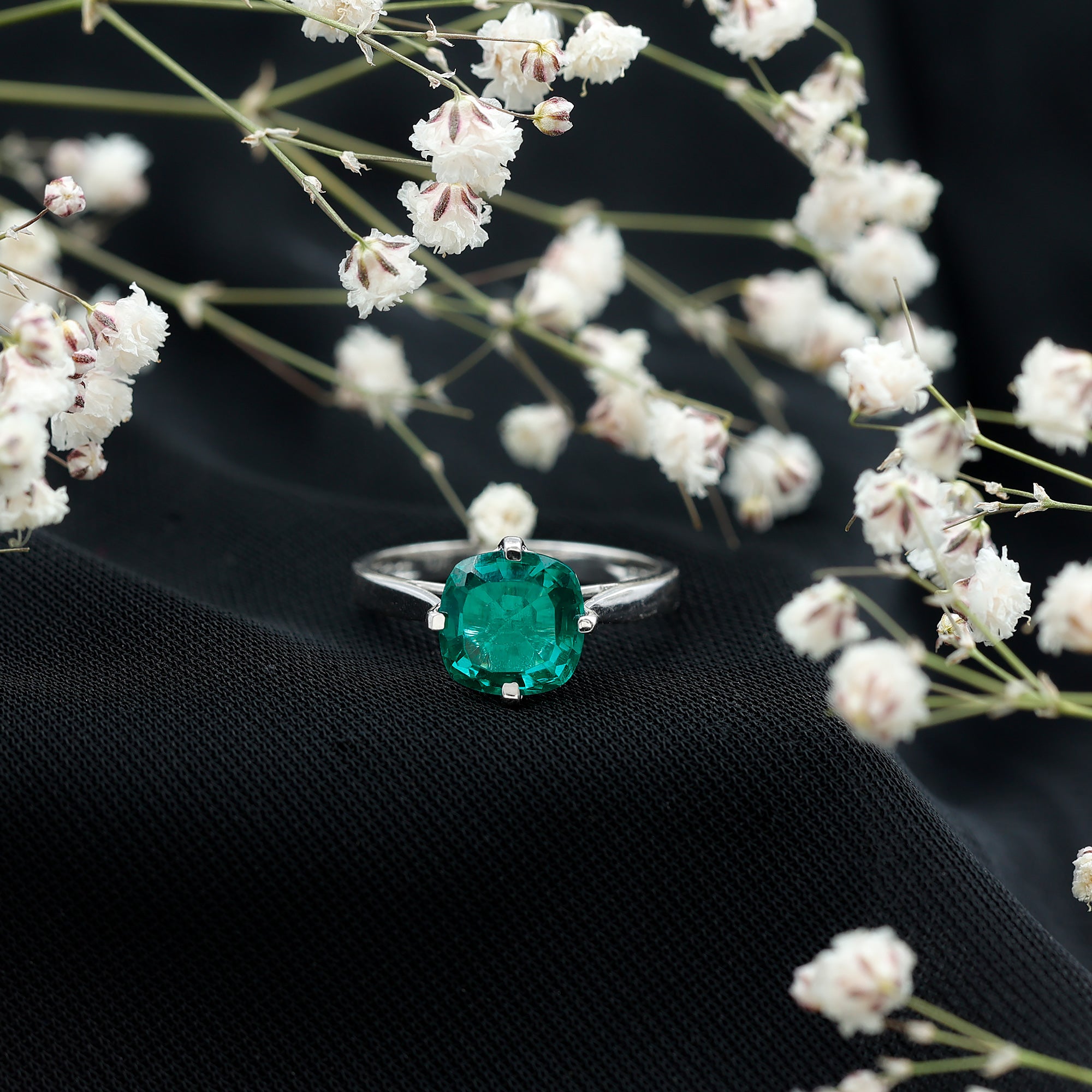 Cushion Cut Lab Grown Emerald Solitaire Engagement Ring AAAA - Rosec Jewels