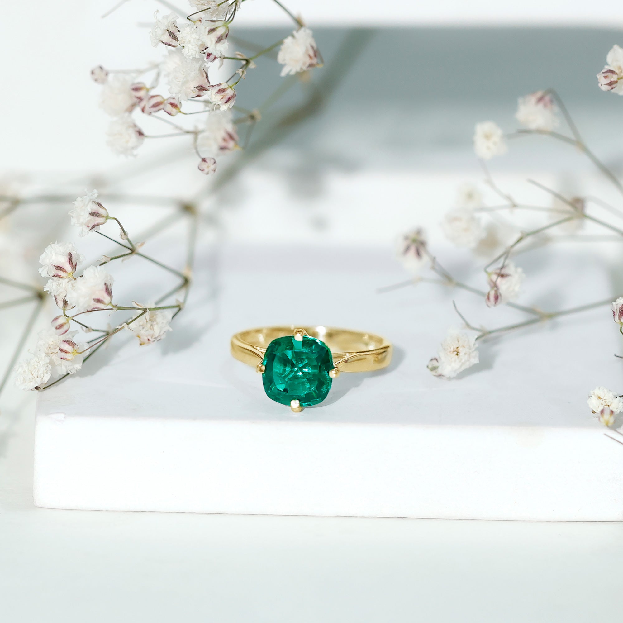 Cushion Cut Lab Grown Emerald Solitaire Engagement Ring AAAA - Rosec Jewels