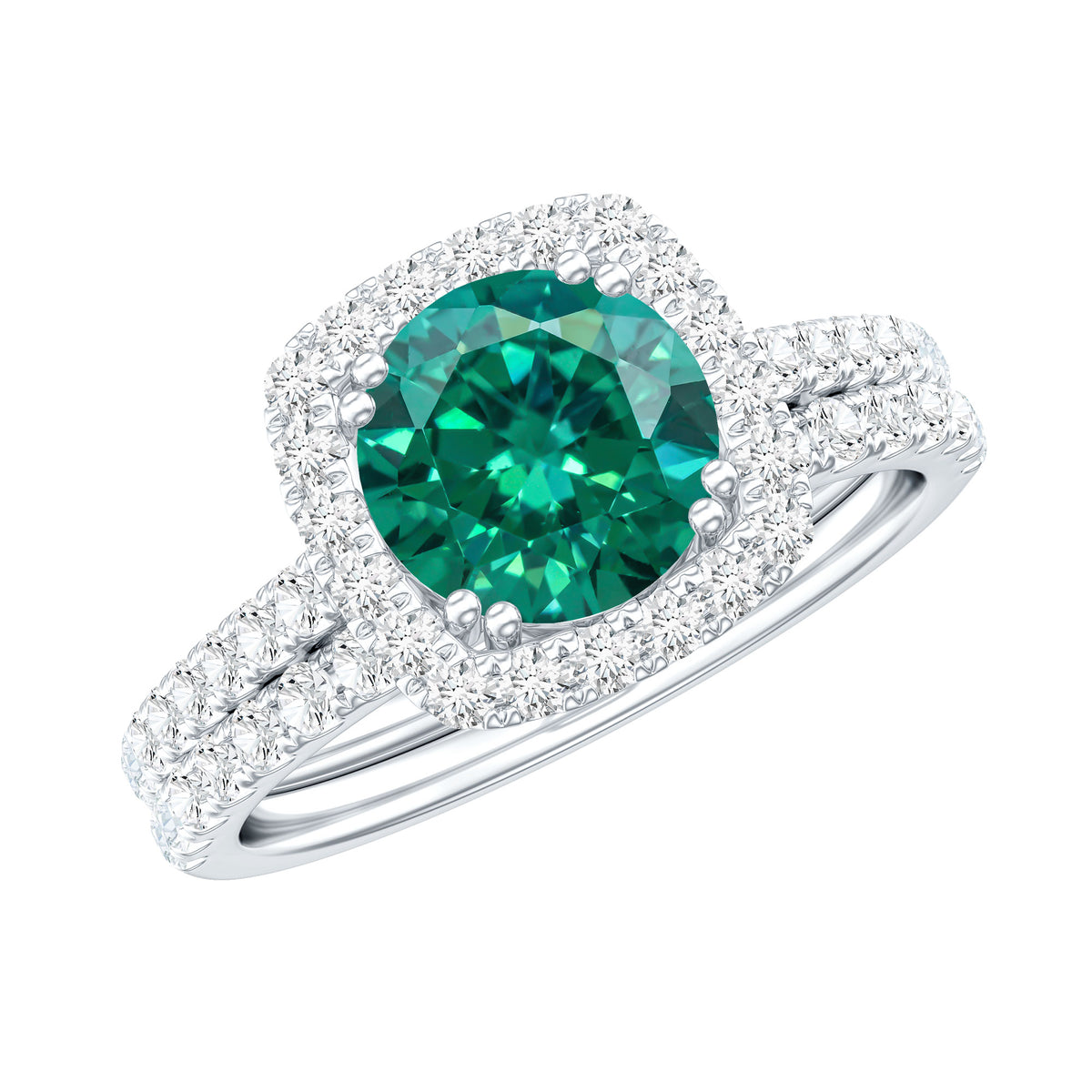Certified Lab Grown Emerald Halo Engagement Ring with Moissanite Wedding Band AAAA - Rosec Jewels