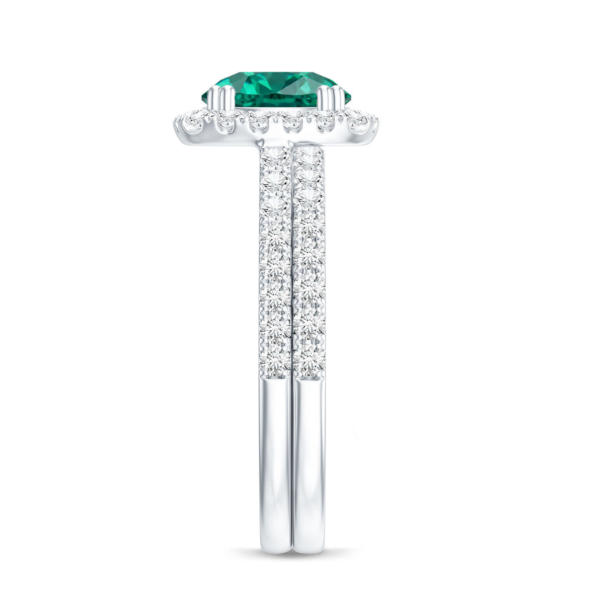 Certified Lab Grown Emerald Halo Engagement Ring with Moissanite Wedding Band AAAA - Rosec Jewels