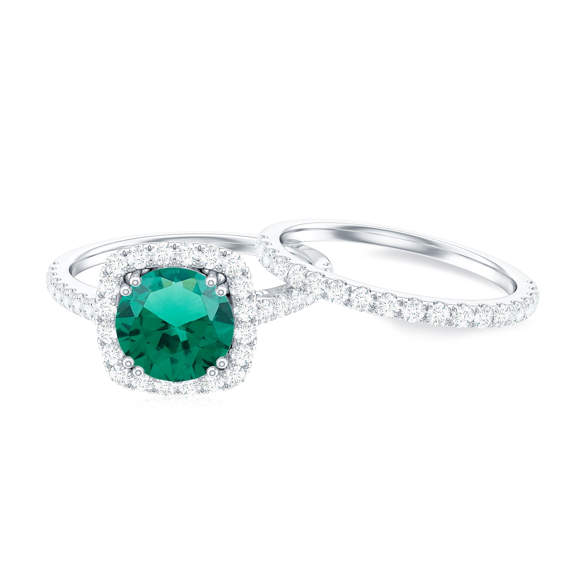 Created Emerald Halo Wedding Ring Set with Moissanite Lab Created Emerald - ( AAAA ) - Quality - Rosec Jewels