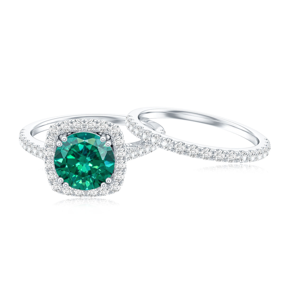 Certified Lab Grown Emerald Halo Engagement Ring with Moissanite Wedding Band AAAA - Rosec Jewels