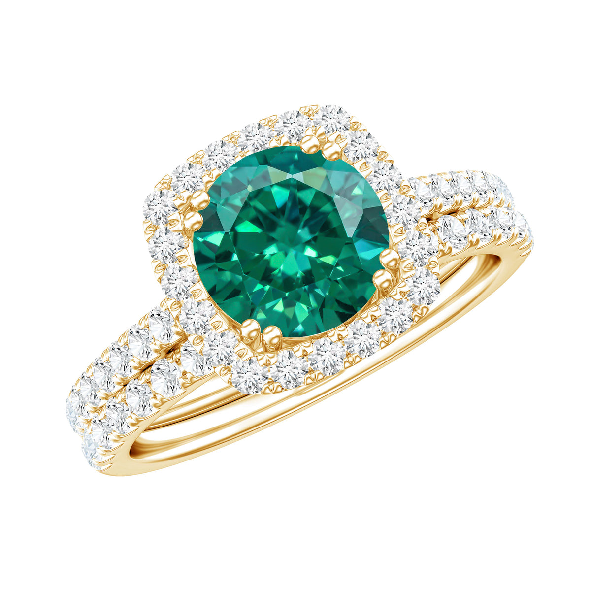 Certified Lab Grown Emerald Halo Engagement Ring with Moissanite Wedding Band AAAA - Rosec Jewels