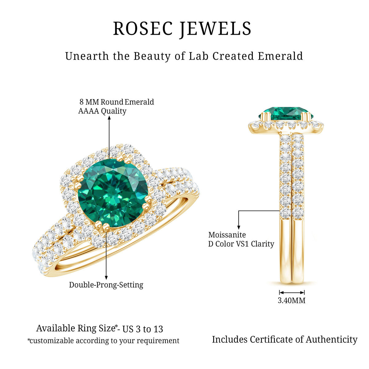 Certified Lab Grown Emerald Halo Engagement Ring with Moissanite Wedding Band AAAA - Rosec Jewels