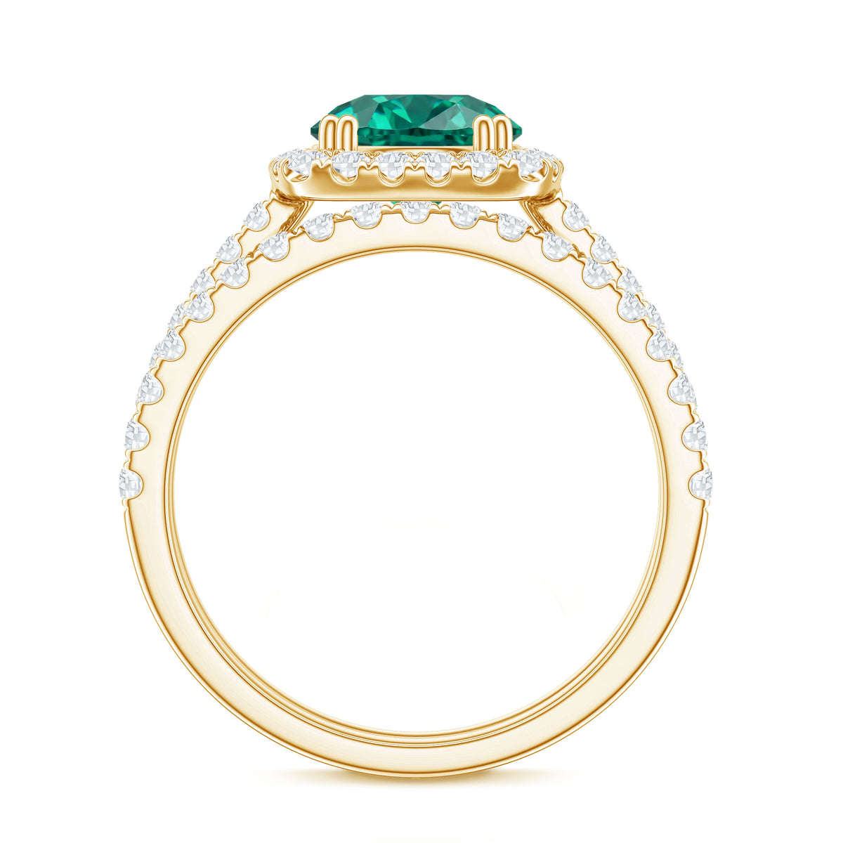 Certified Lab Grown Emerald Halo Engagement Ring with Moissanite Wedding Band AAAA - Rosec Jewels