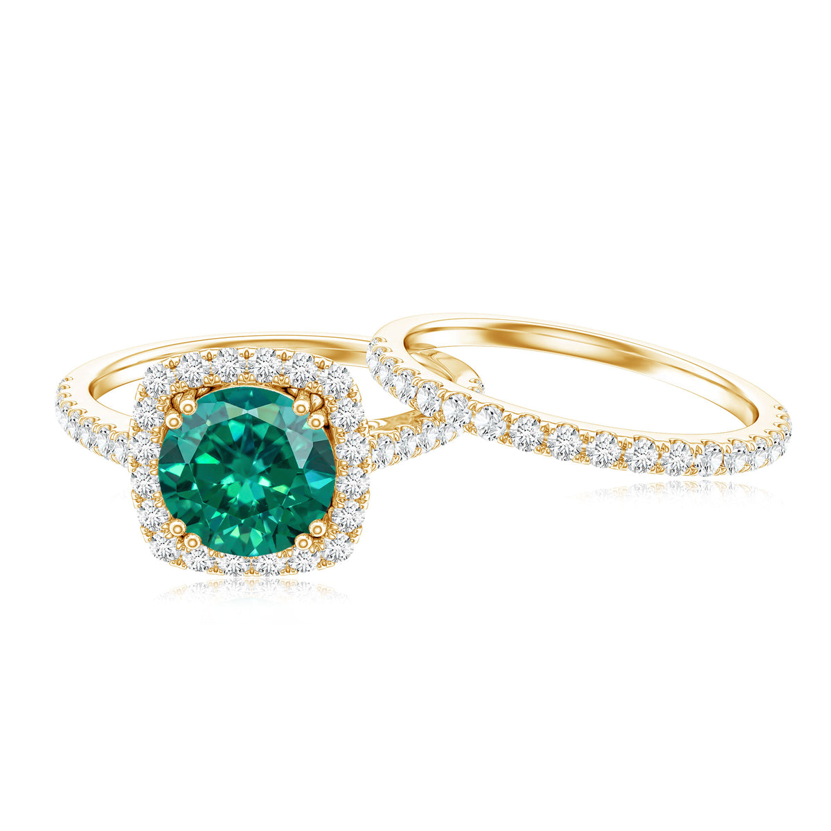 Certified Lab Grown Emerald Halo Engagement Ring with Moissanite Wedding Band AAAA - Rosec Jewels
