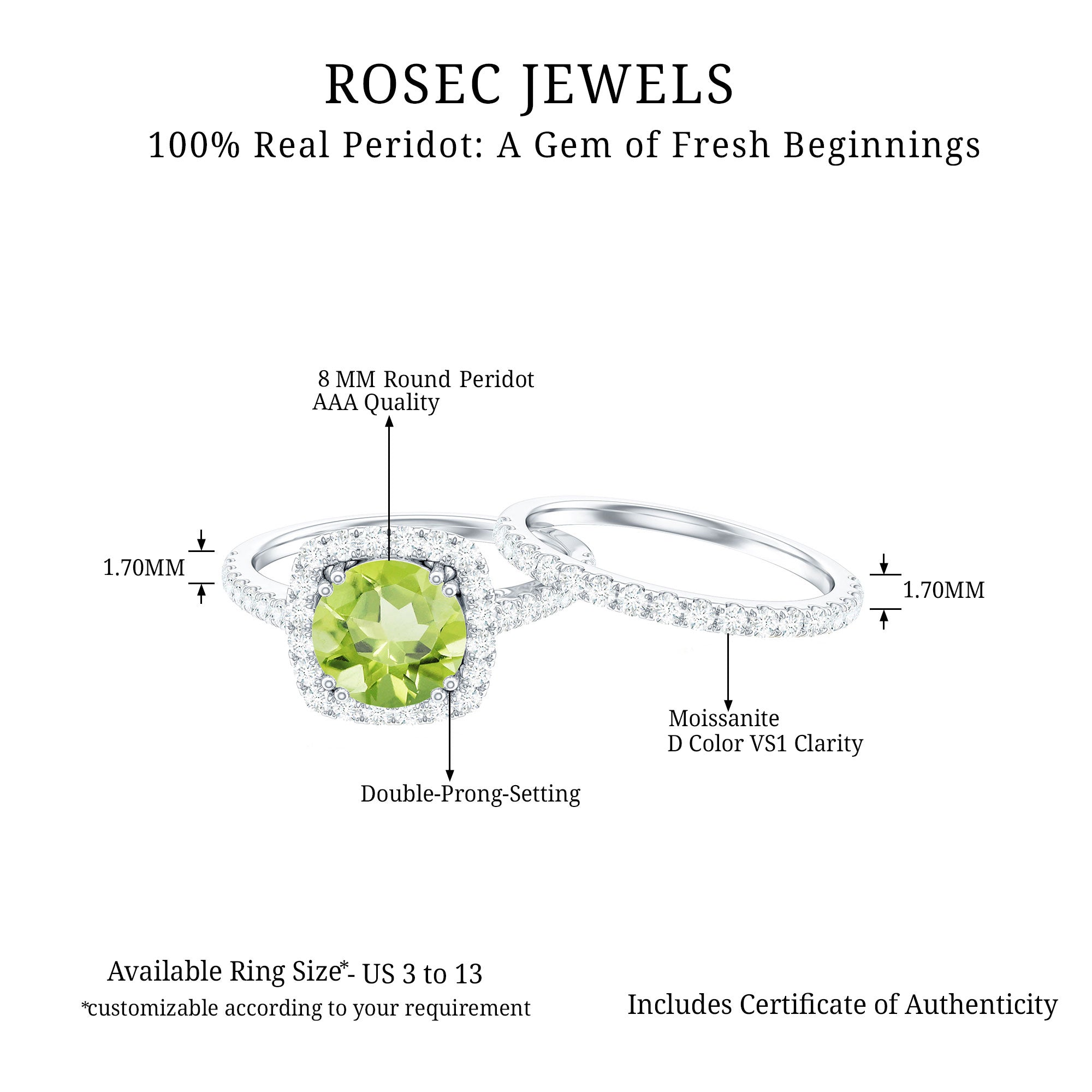 Natural 2 Carat Peridot Engagement Ring with Wedding Band AAA - Rosec Jewels