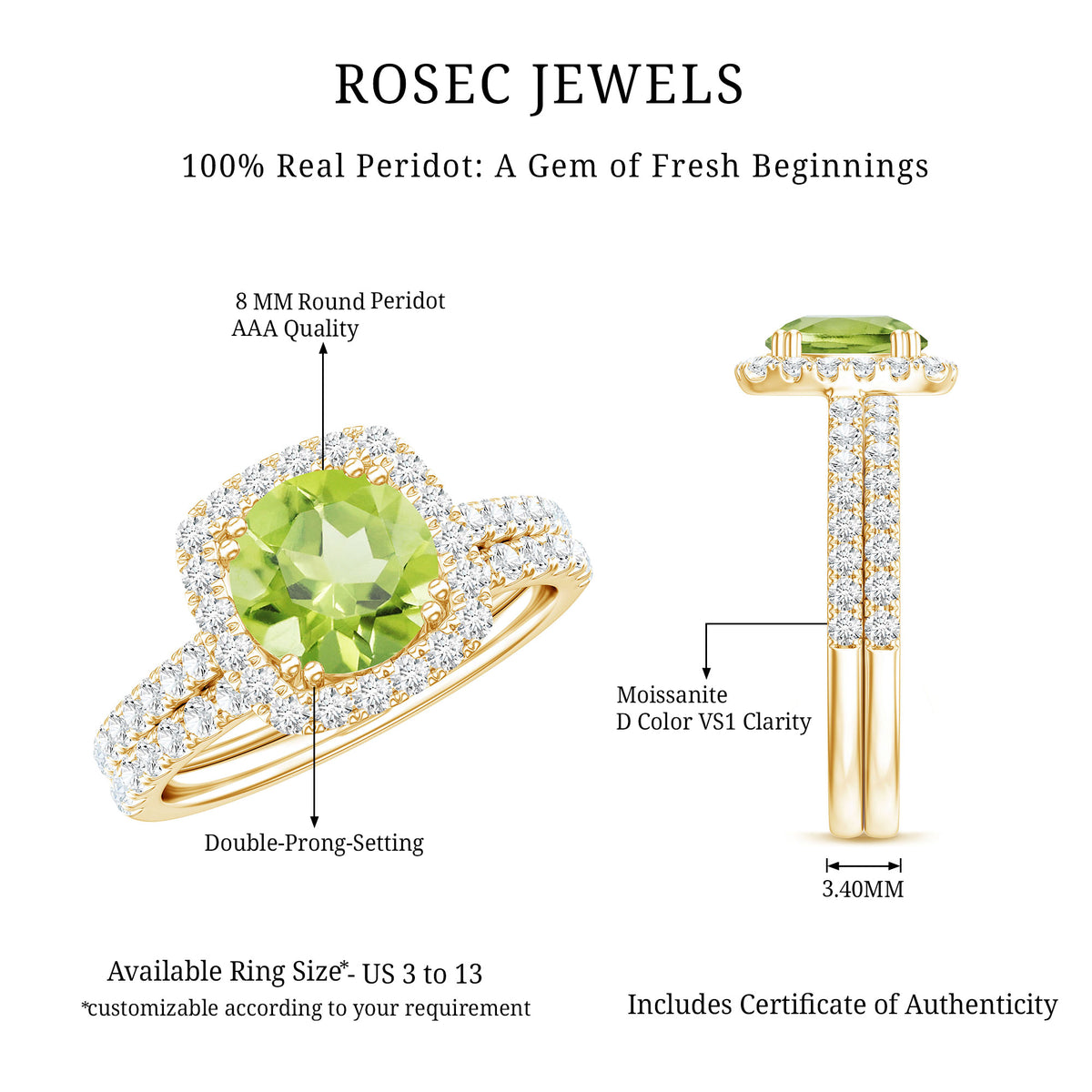 Natural 2 Carat Peridot Engagement Ring with Wedding Band AAA - Rosec Jewels