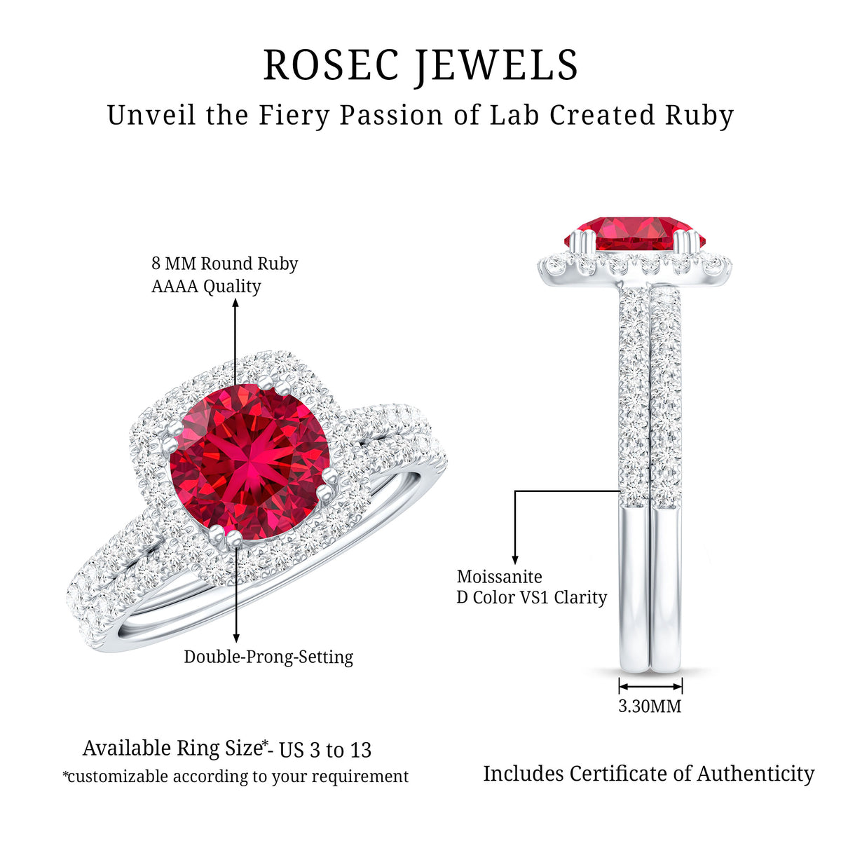 Lab Created Ruby and Moissanite Halo Wedding Ring Set for Bride AAAA - Rosec Jewels