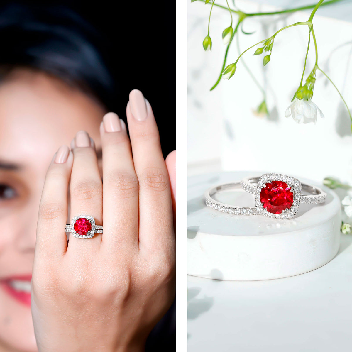 Lab Created Ruby and Moissanite Halo Wedding Ring Set for Bride AAAA - Rosec Jewels