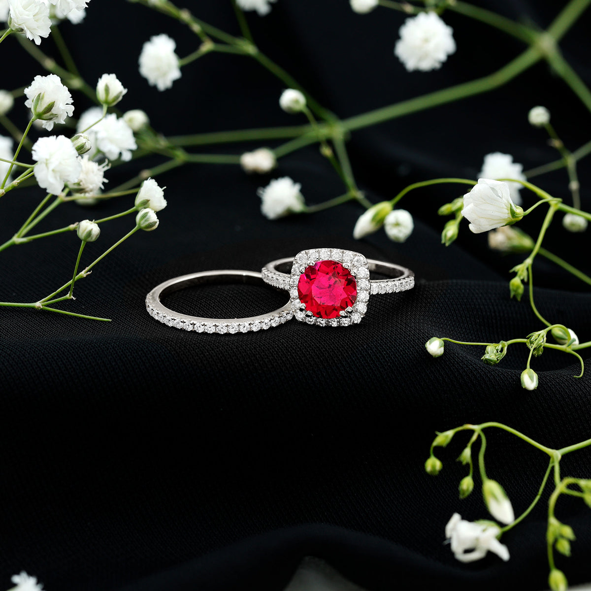 Lab Created Ruby and Moissanite Halo Wedding Ring Set for Bride AAAA - Rosec Jewels
